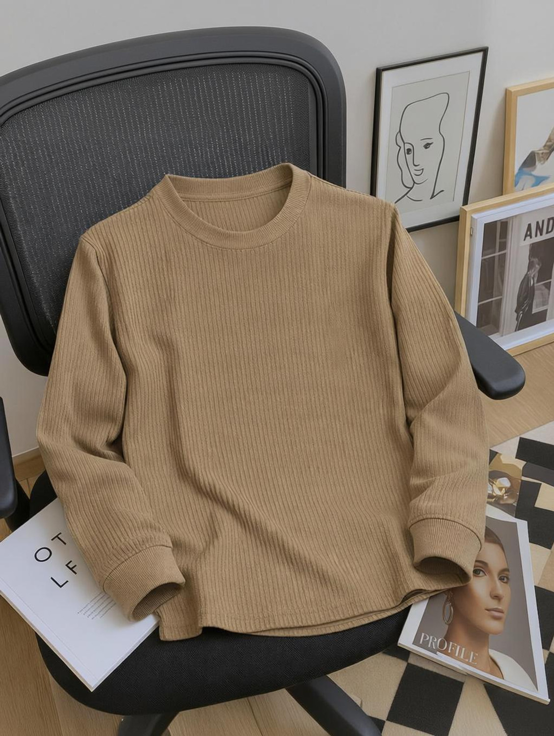 Image of Try This Striped, Self Design Men Zip Neck Brown, Silver T-Shirt