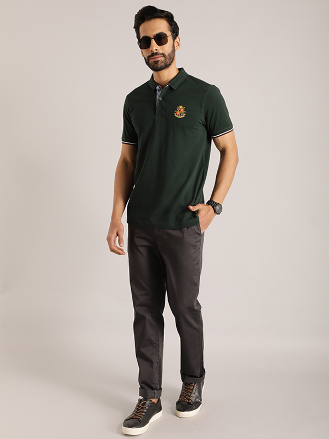 Image of INDIAN TERRAIN Solid Men Polo Neck Green T-Shirt