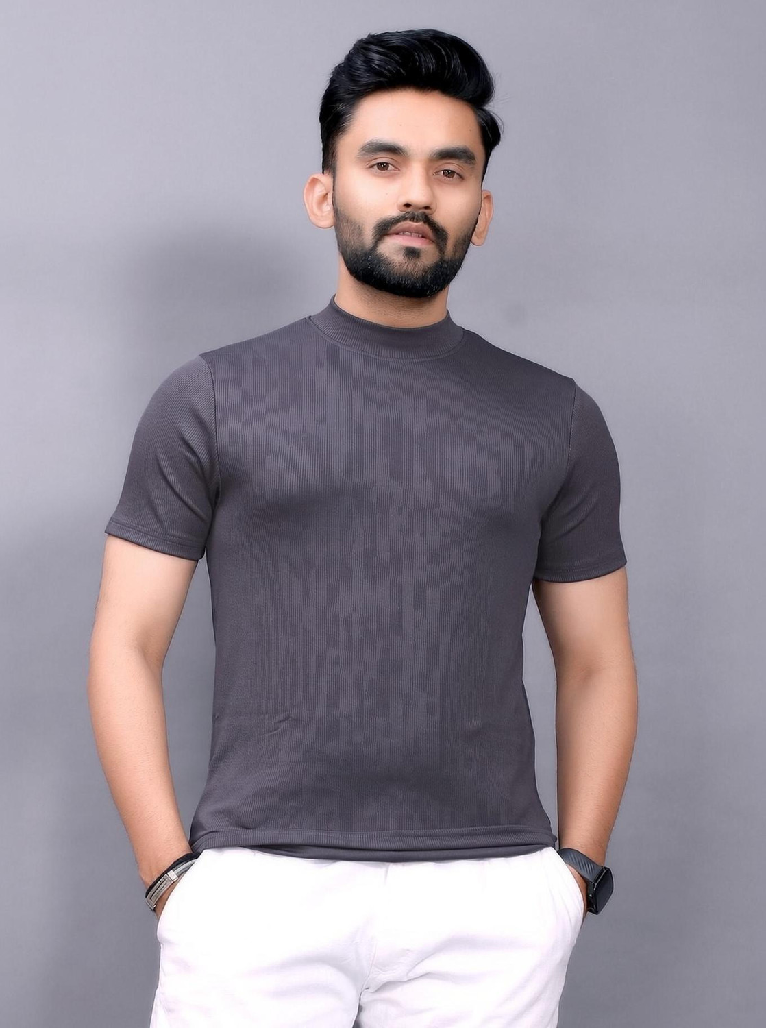 Image of DBAX Solid Men Turtle Neck Grey T-Shirt