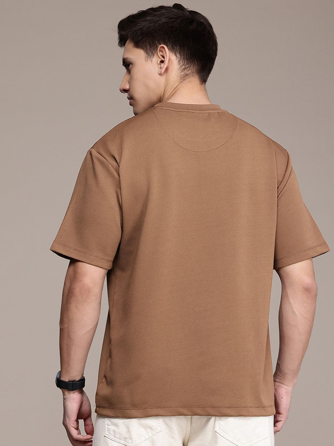 Image of FCUK Self Design Men Round Neck Brown T-Shirt