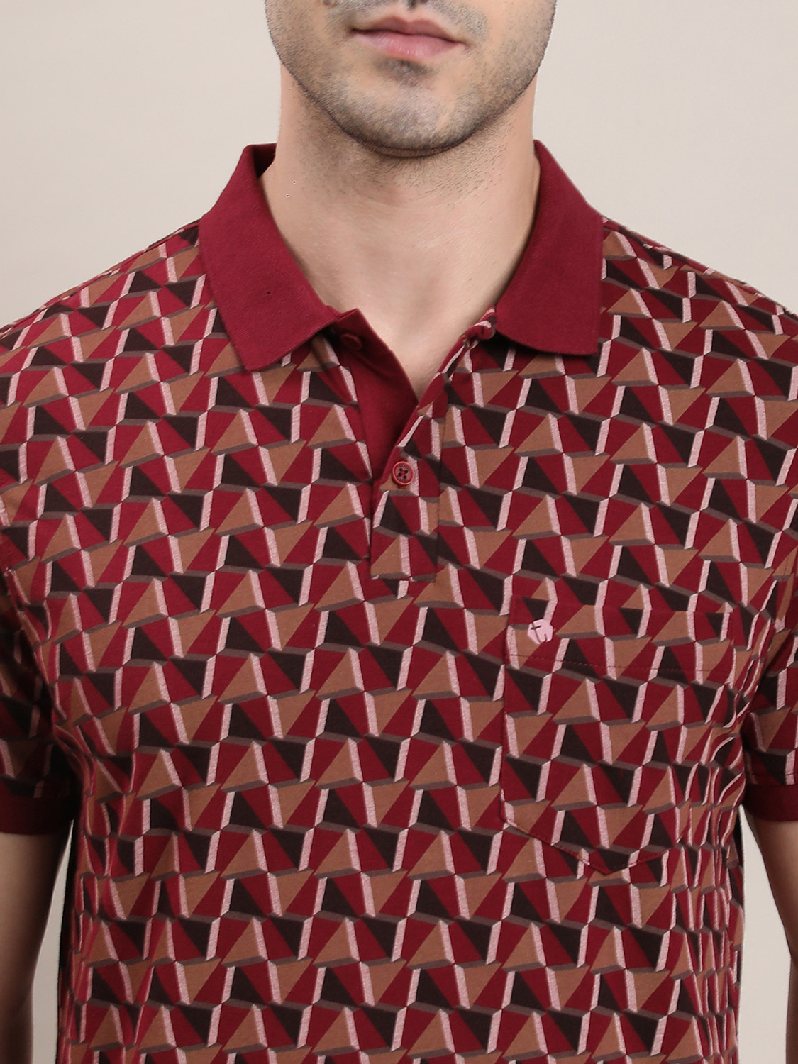 Image of TURTLE Geometric Print Men Polo Neck Maroon T-Shirt