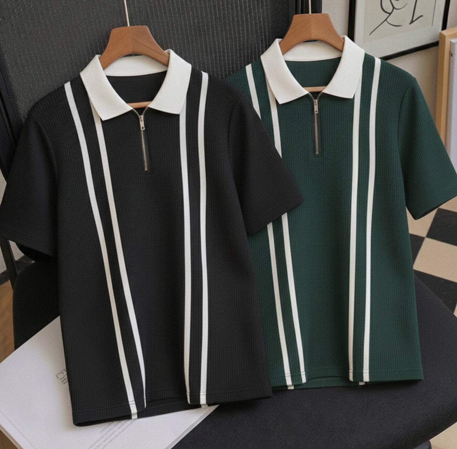 Texfield Colorblock Men Polo Neck Black, Dark Green T-Shirt Pack of 2 - Image 1