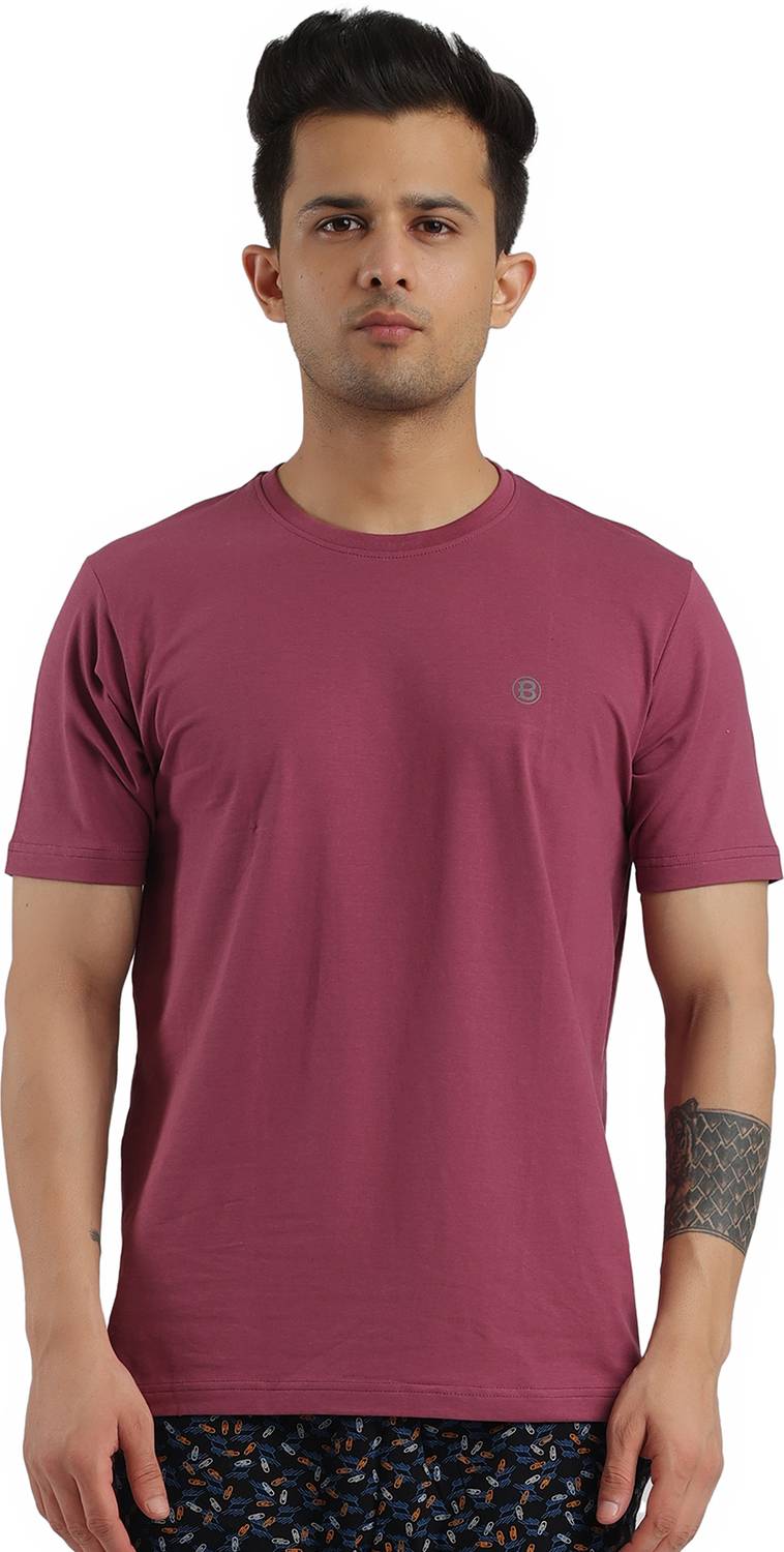 Bumchums Solid Men Round Neck Maroon T-Shirt