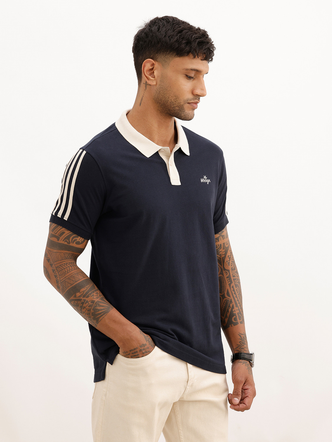 Image of WROGN Solid Men Polo Neck Navy Blue T-Shirt