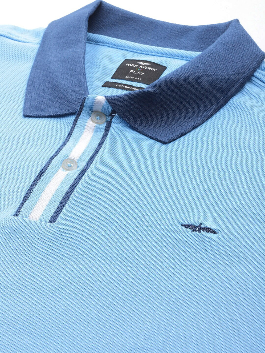 Image of PARK AVENUE Men Solid Polo Neck Cotton Blend Blue T-Shirt