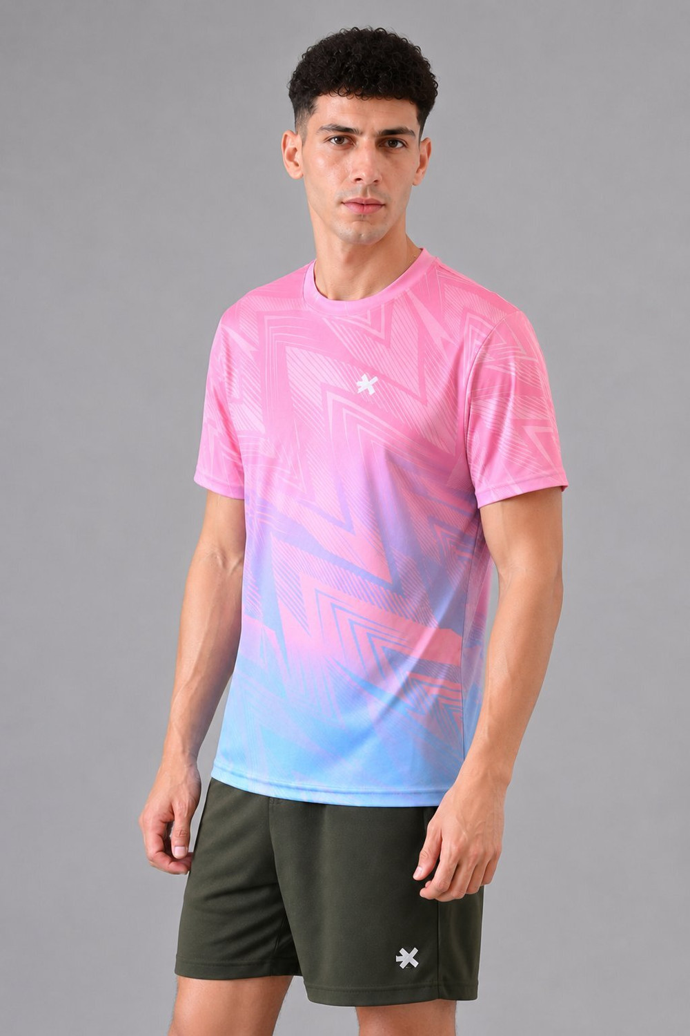 Image of HRX by Hrithik Roshan Men Printed Round Neck Polyester Pink, Blue T-Shirt