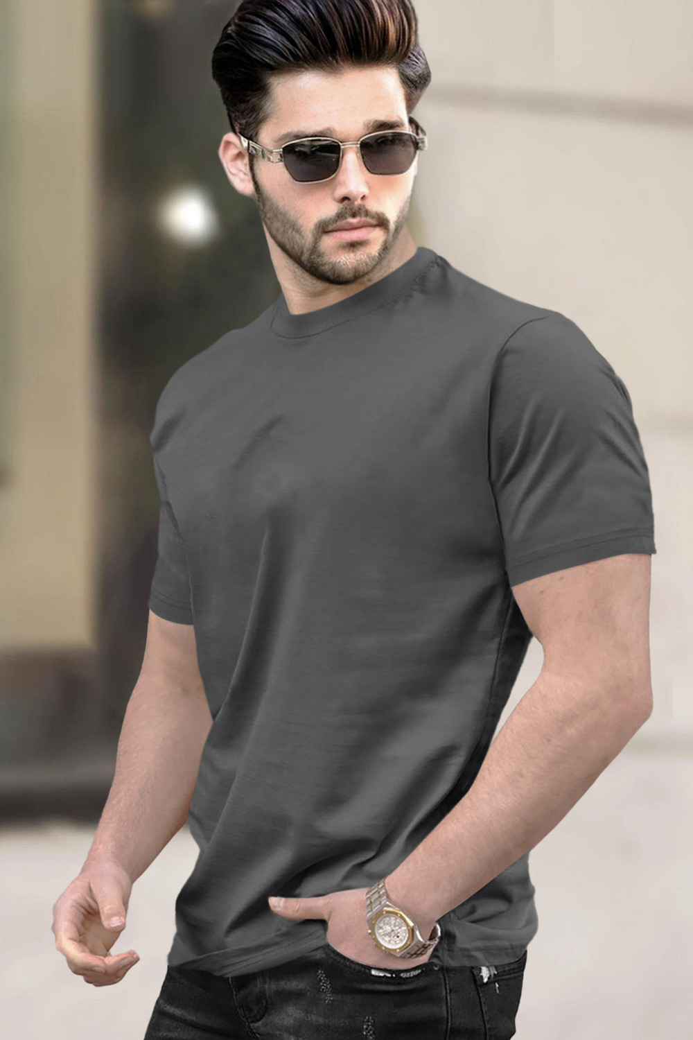 Image of TRIPR Solid Men Grey T-Shirt