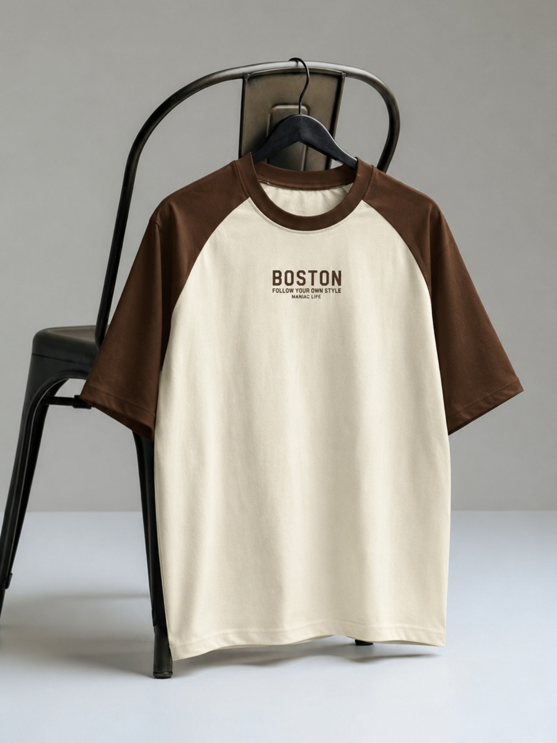 Image of MANIAC Printed Men Round Neck Beige T-Shirt
