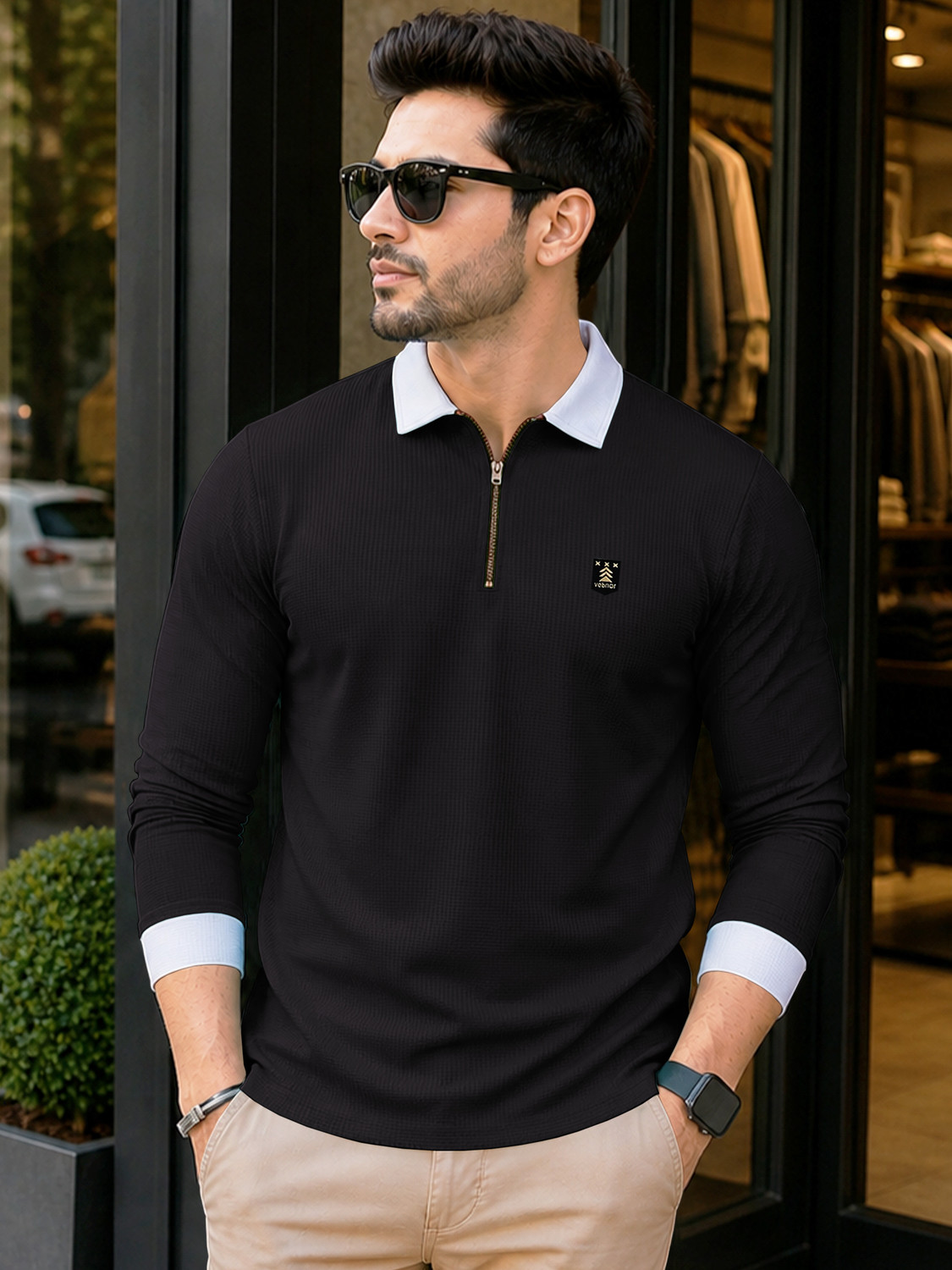 Image of VeBNoR Colorblock Men Zip Neck Black T-Shirt