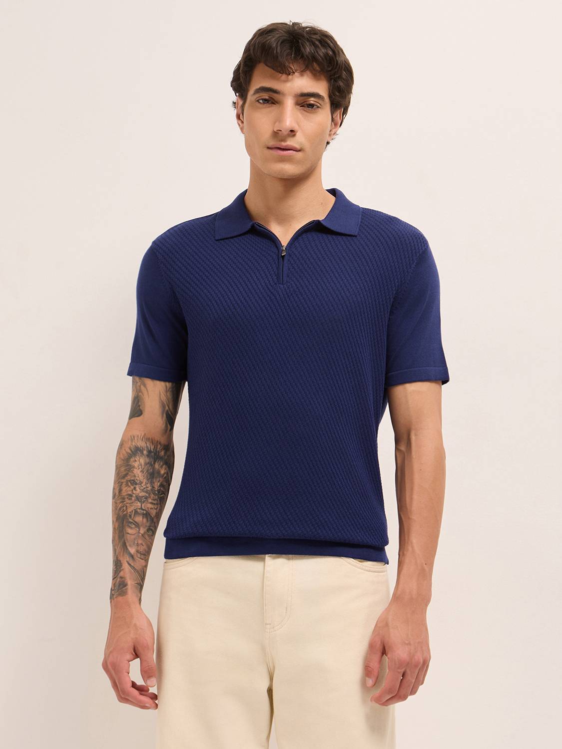 THE BEAR HOUSE Men Solid Polo Neck Pure Cotton Blue T-Shirt