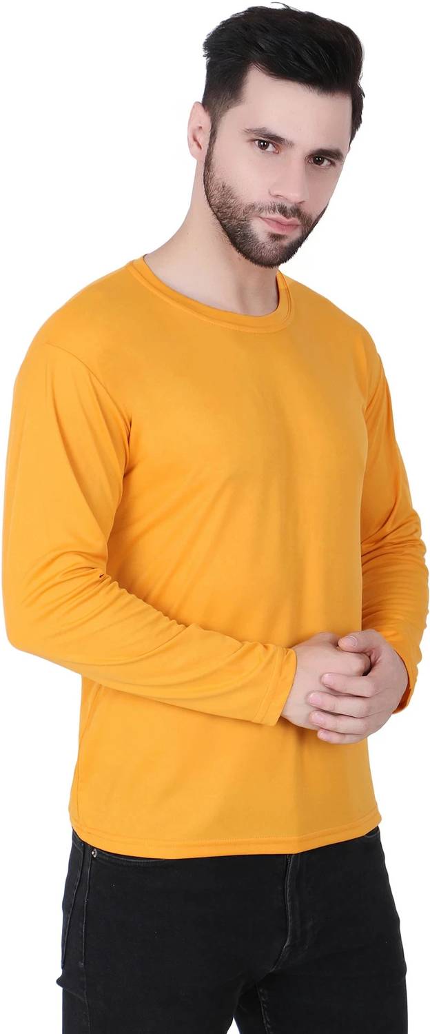 FABSHORE Men Solid Round Neck Polyester Gold T-Shirt