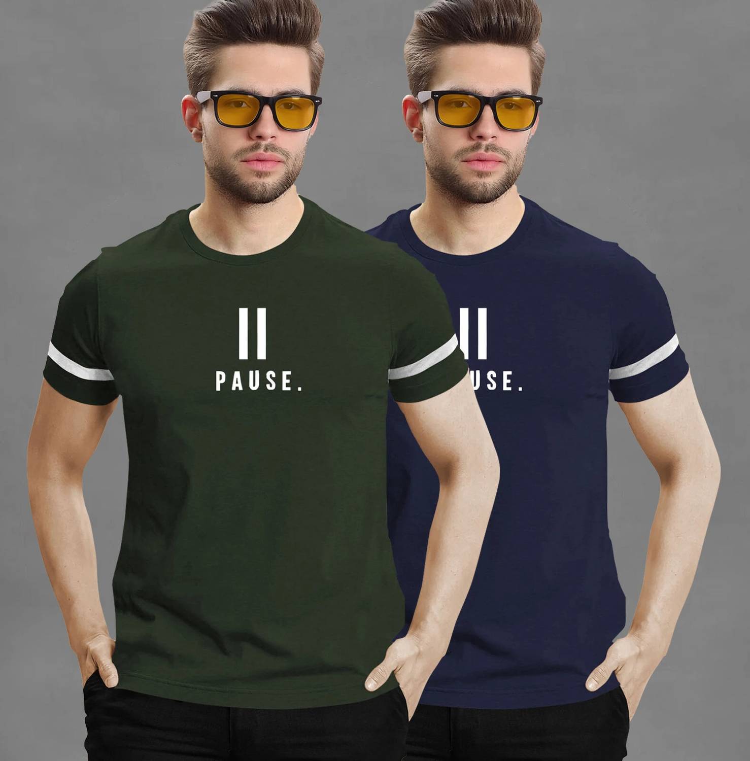 TRIPR Pack of 2 Men Printed Round Neck Cotton Blend Dark Green, N
