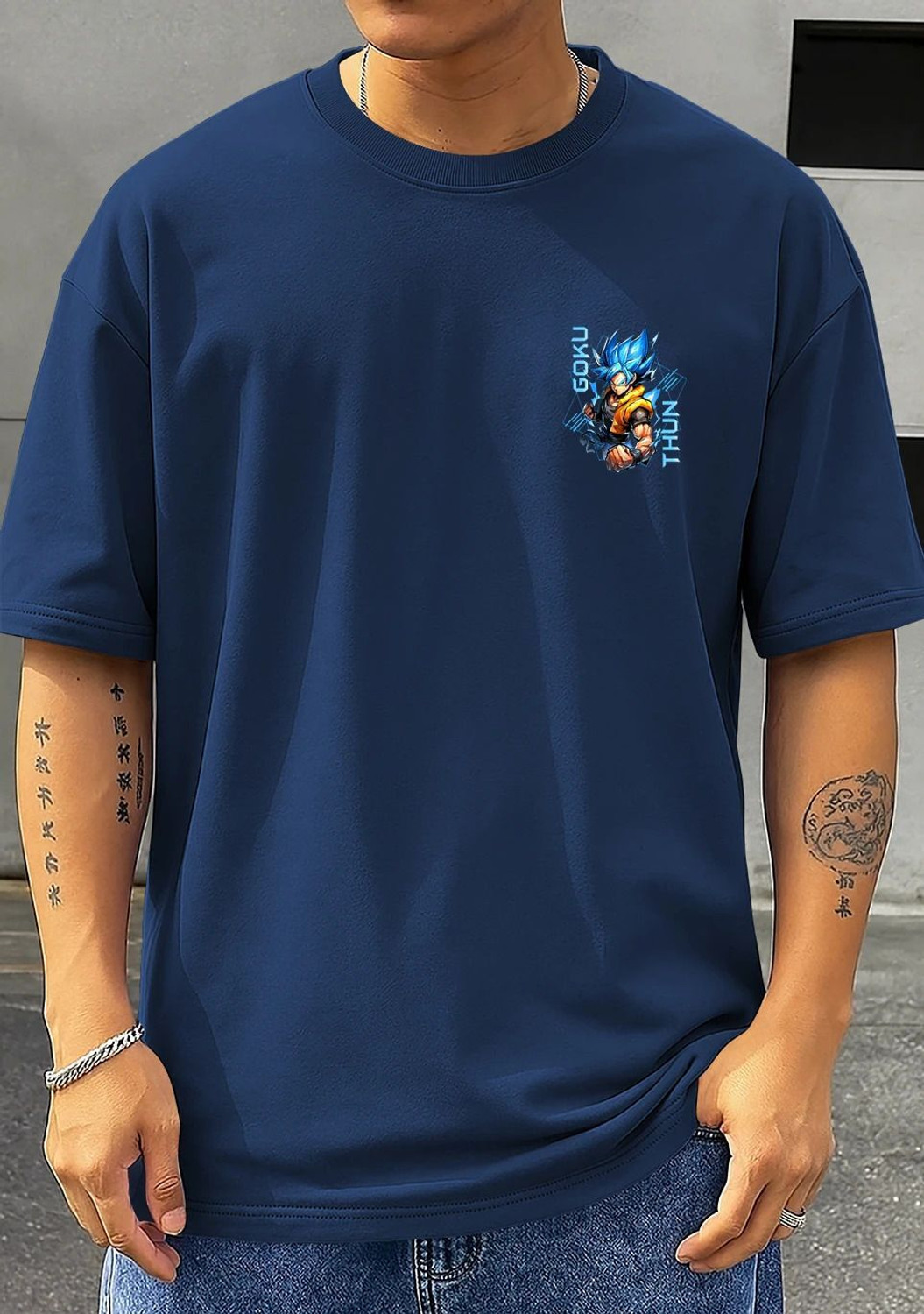 Image of TripBroz Graphic Print Men Round Neck Navy Blue T-Shirt