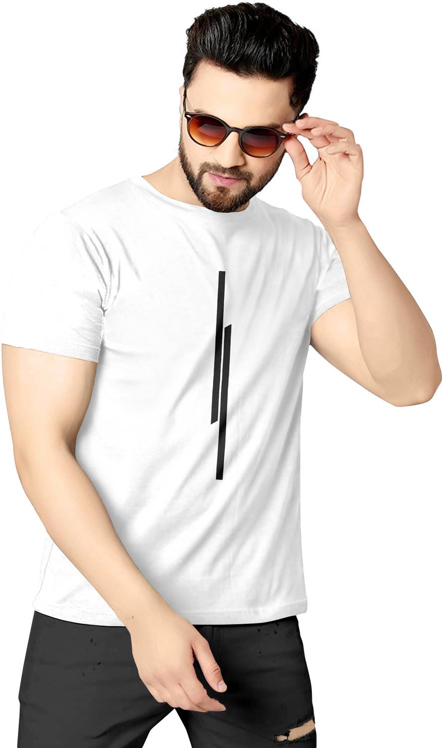 KAJARU Men Striped Round Neck Polyester White T-Shirt