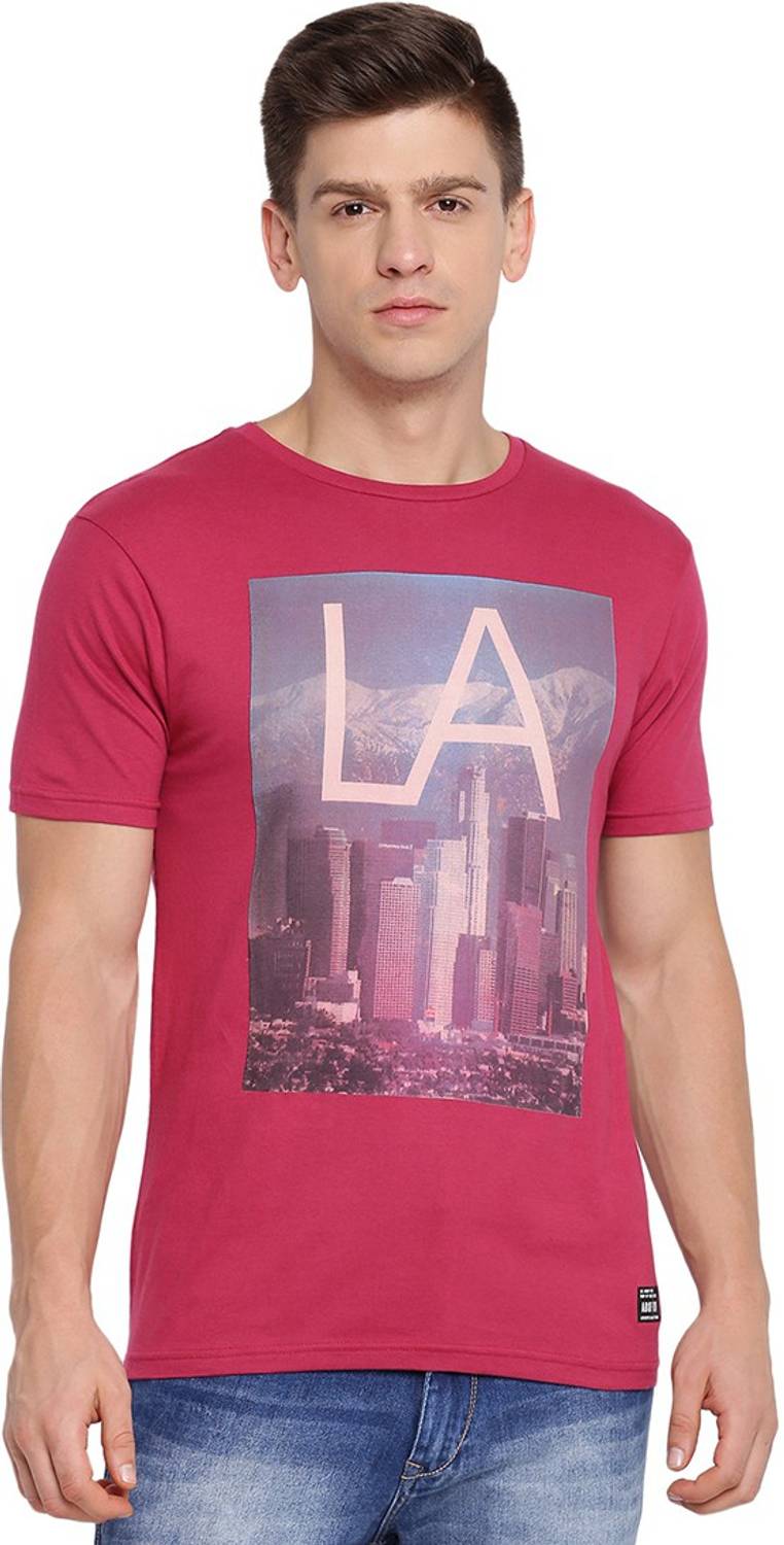 Aditya Birla - abof Printed Men Crew Neck Pink T-Shirt