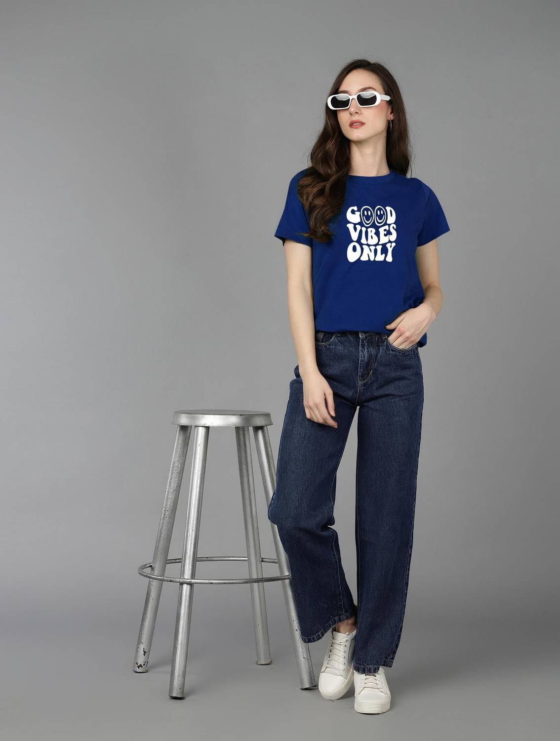 Adyavastram Printed, Typography Women Round Neck Blue T-Shirt