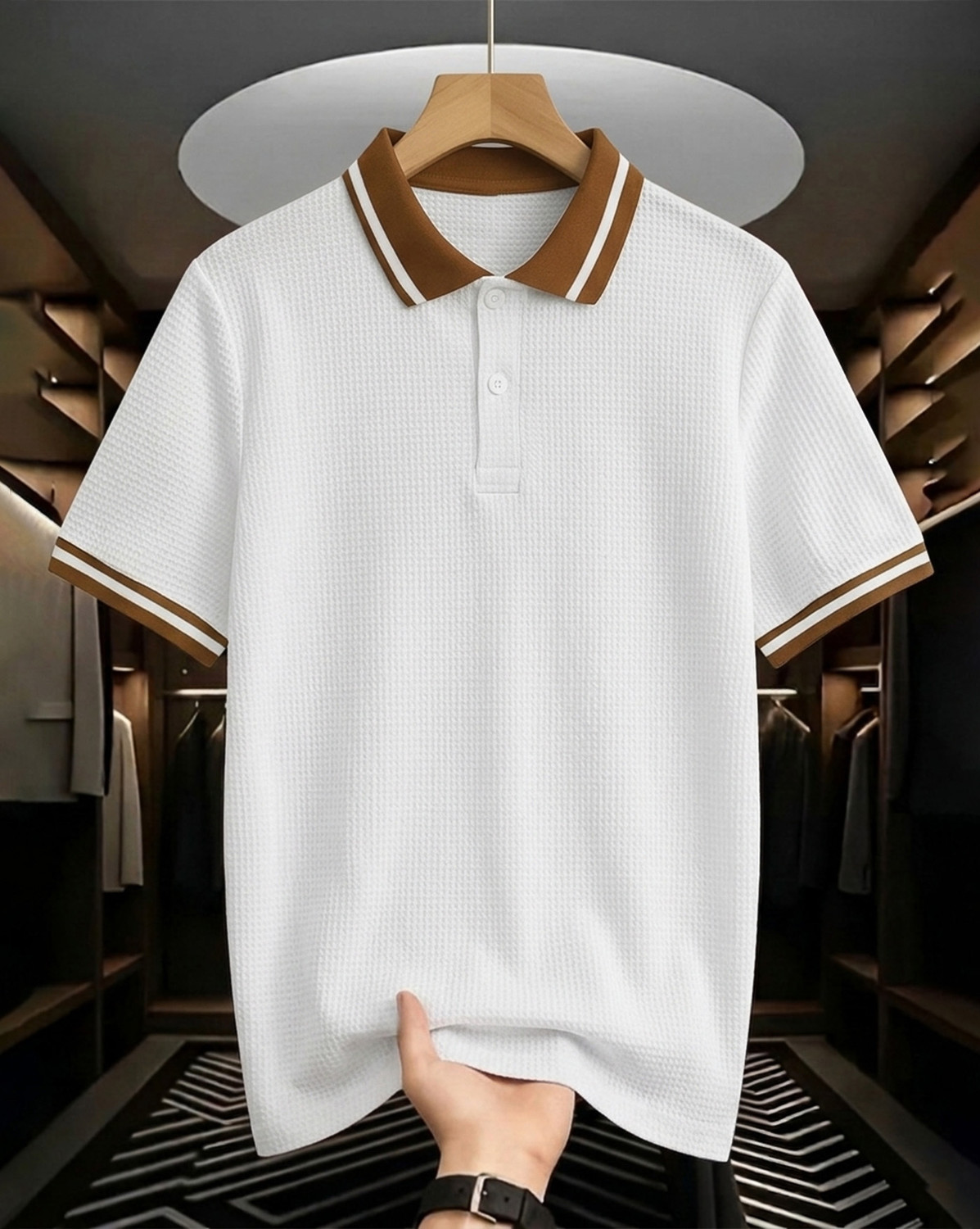 Image of Flipkart SmartBuy Self Design Men Polo Neck White, Brown T-Shirt