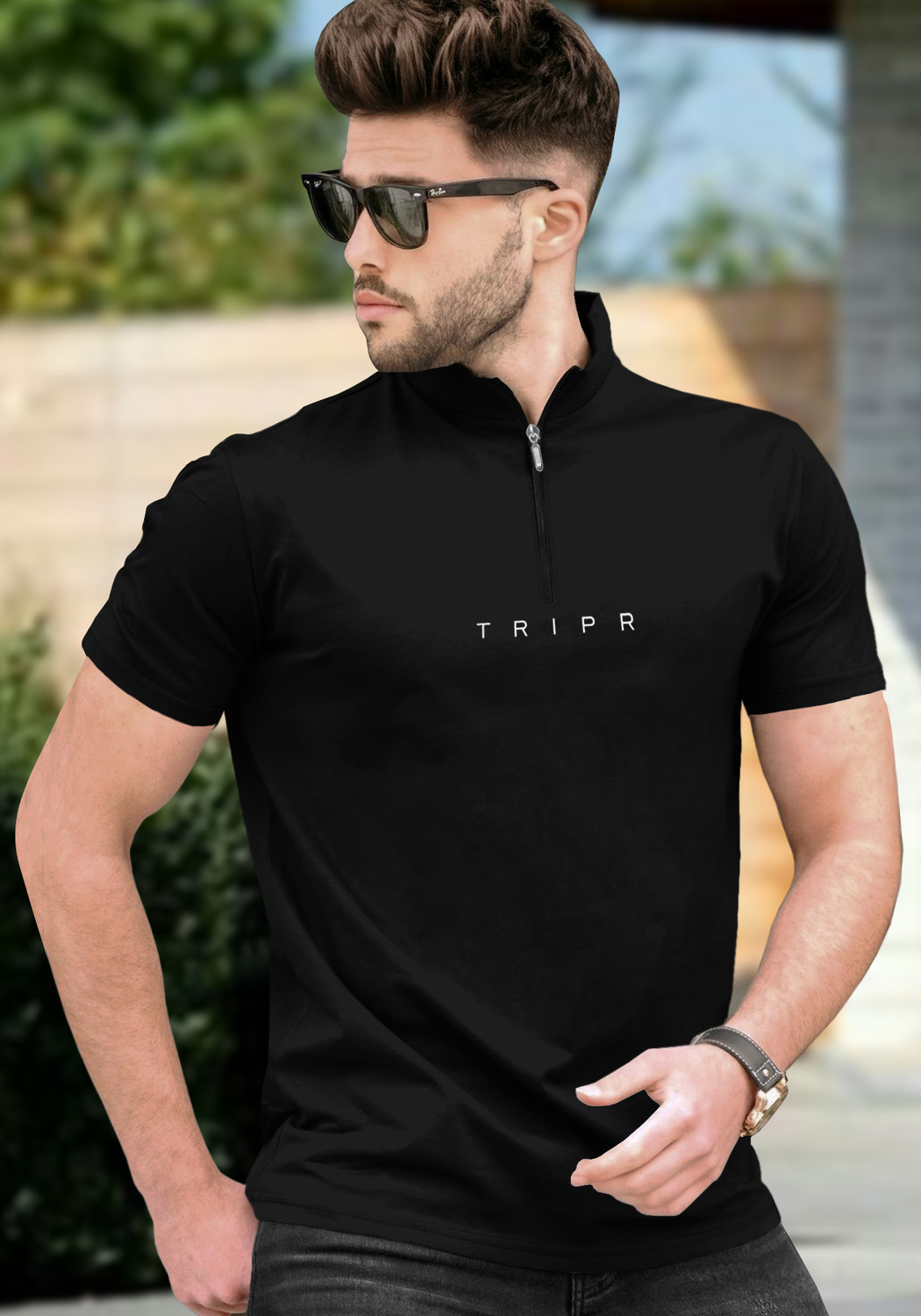 Image of TRIPR Printed Men Mandarin Collar Black T-Shirt