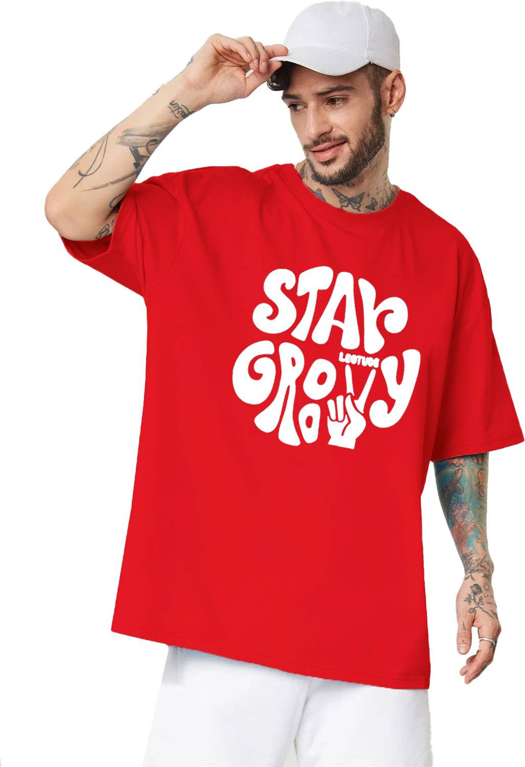 Leotude Men Printed, Typography Round Neck Cotton Blend Red T-Shi