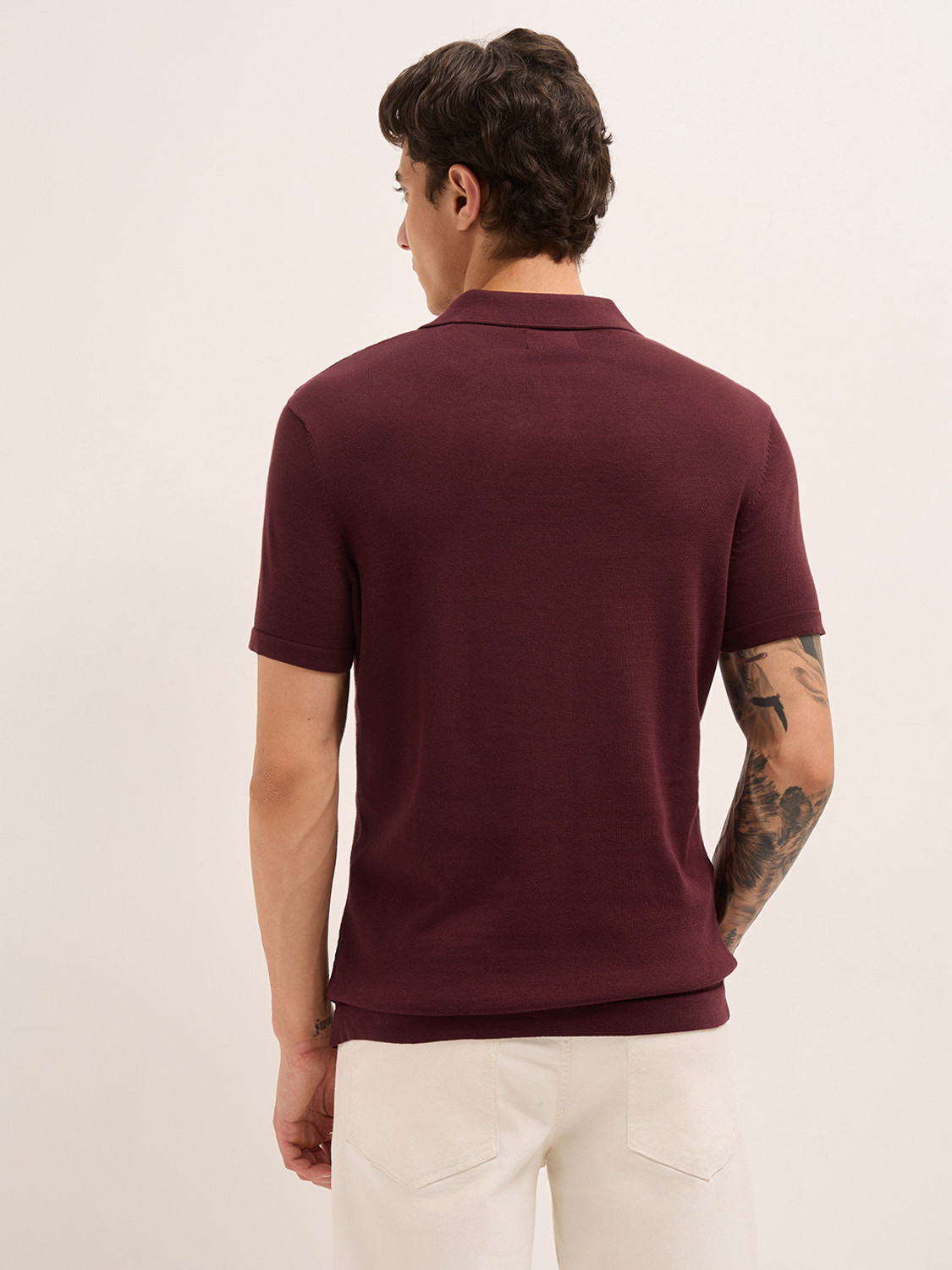 Image of THE BEAR HOUSE Self Design Men Polo Neck Maroon T-Shirt