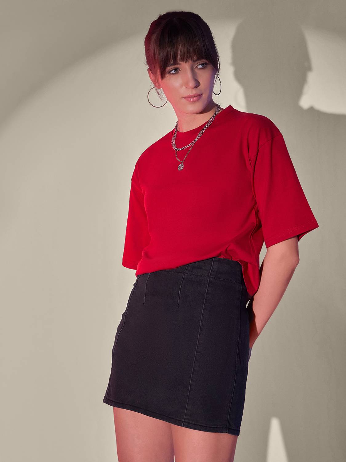 BuyNewTrend Women Solid Round Neck Pure Cotton Red T-Shirt