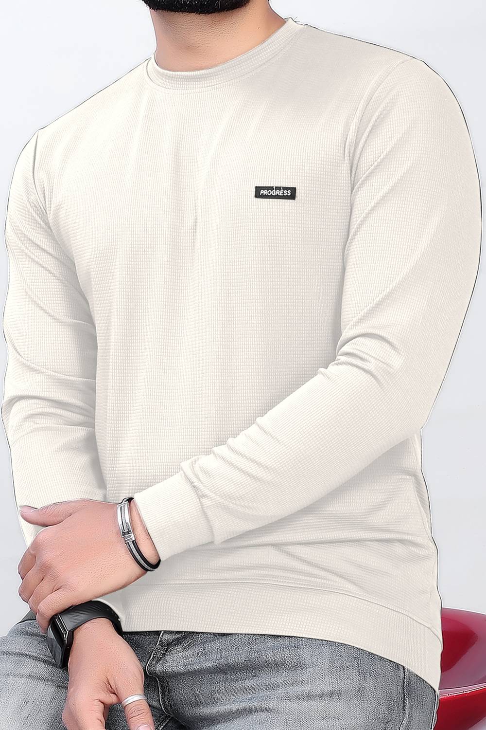 sti Men Self Design Round Neck Polyester White T-Shirt