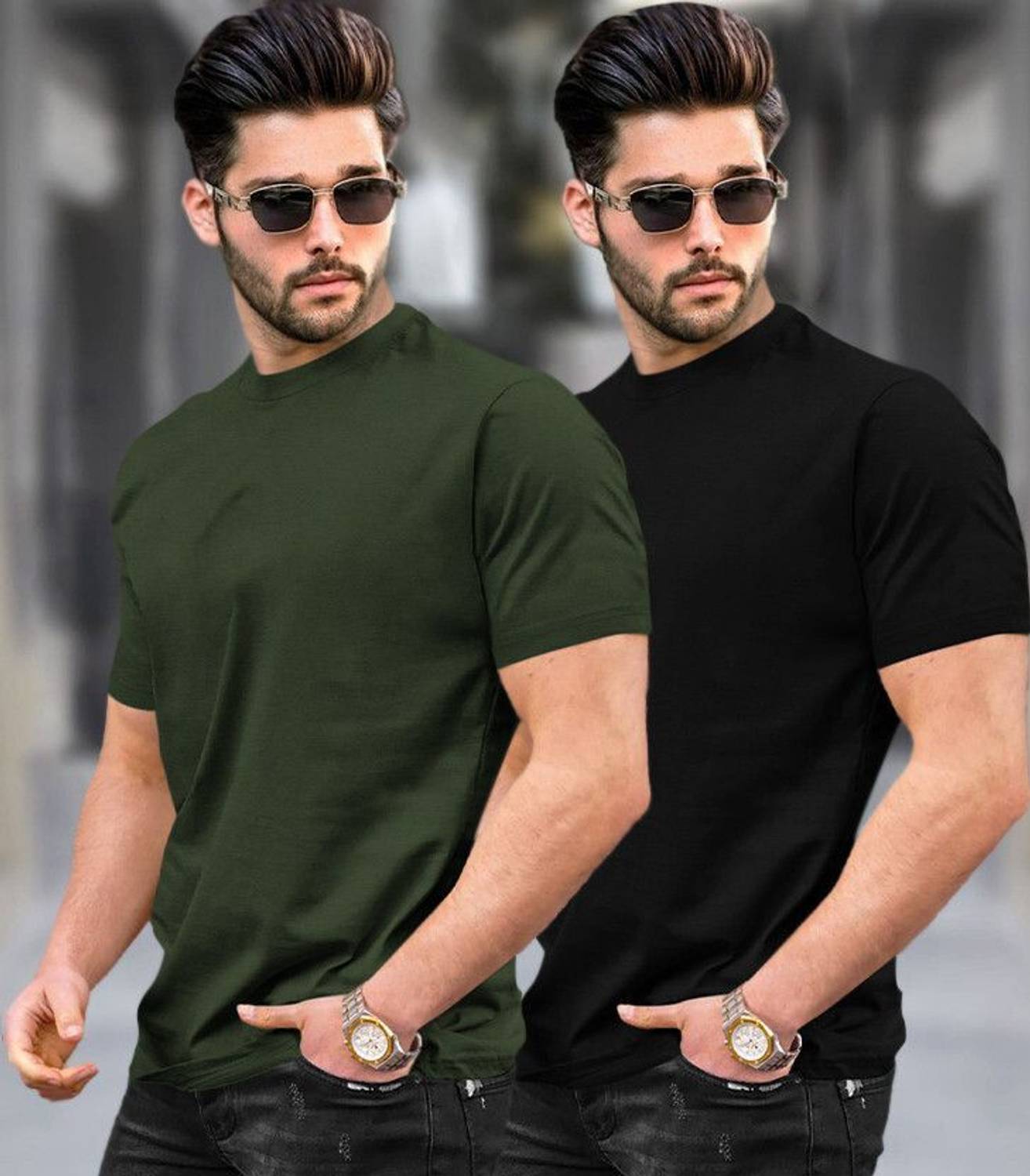 TRIPR Pack of 2 Men Solid Round Neck Cotton Blend Dark Green, Bla