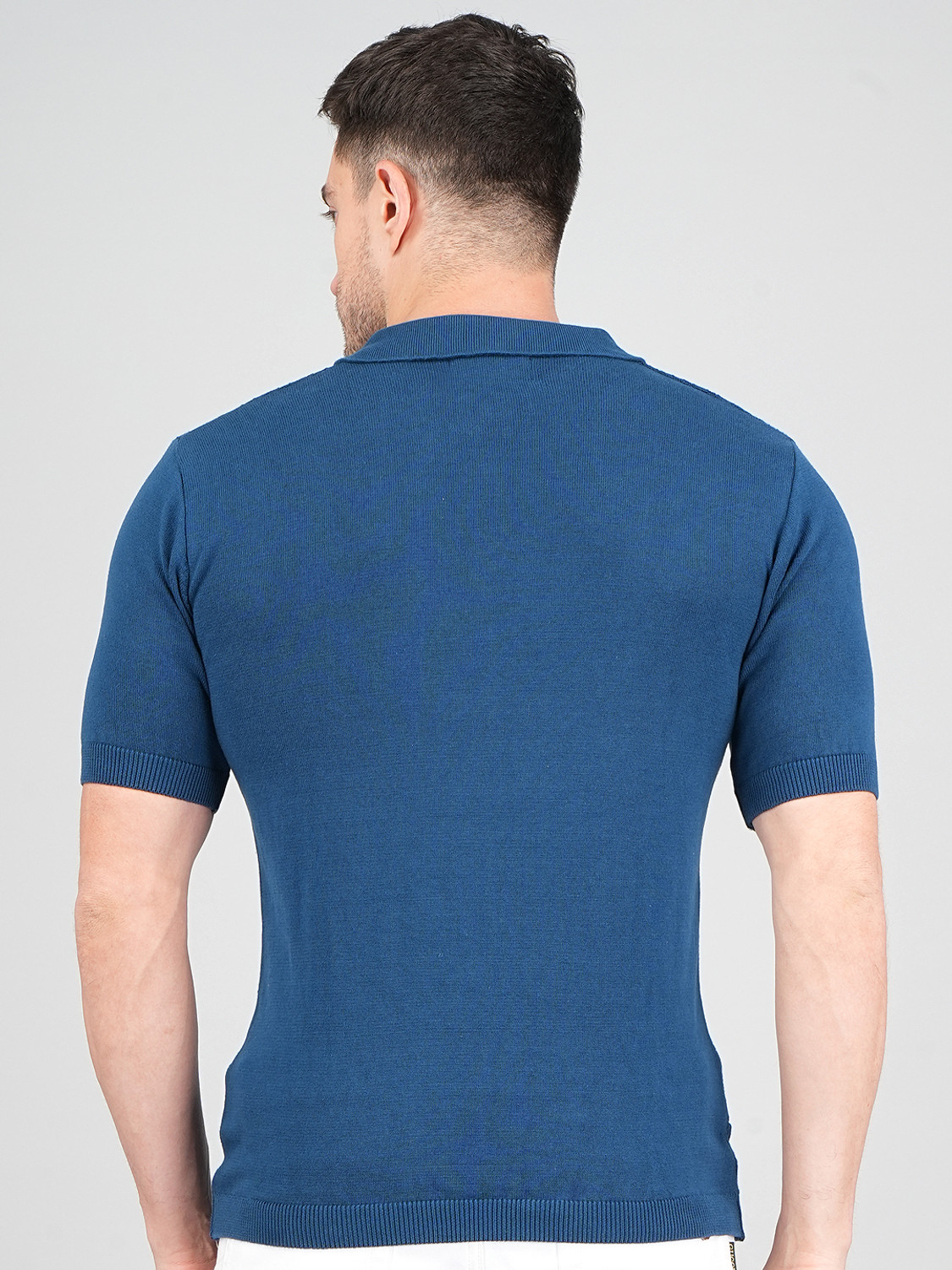Image of FEVERFEW Self Design Men Polo Neck Blue T-Shirt