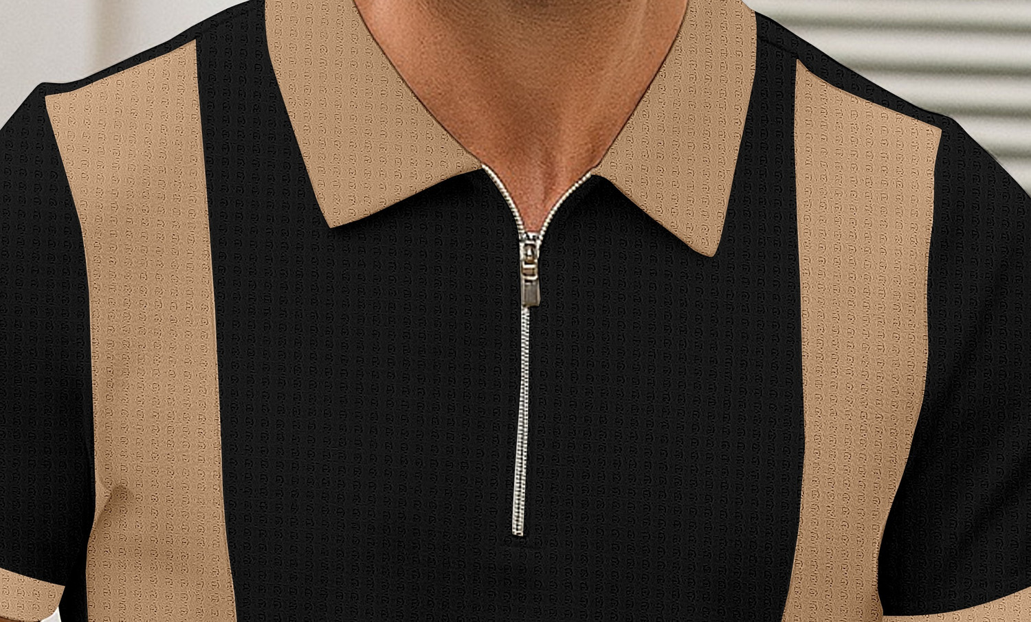 Image of KAJARU Self Design Men Zip Neck Beige, Black T-Shirt