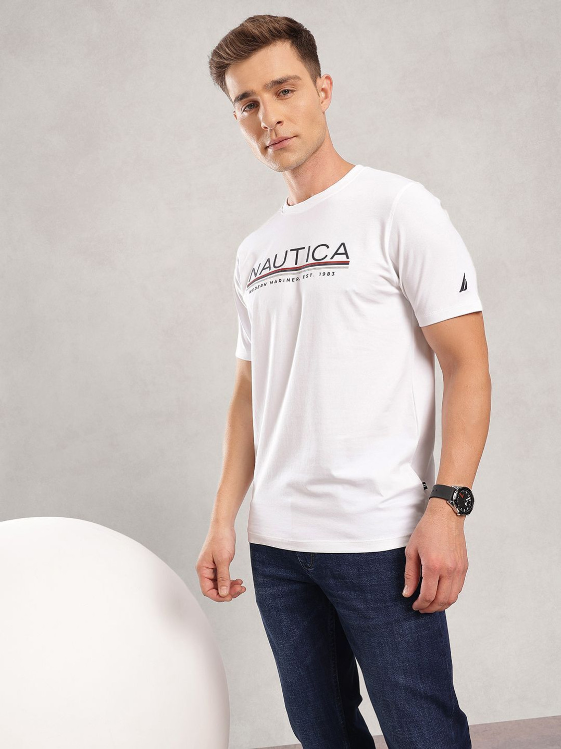 Image of NAUTICA Printed Men Round Neck White T-Shirt