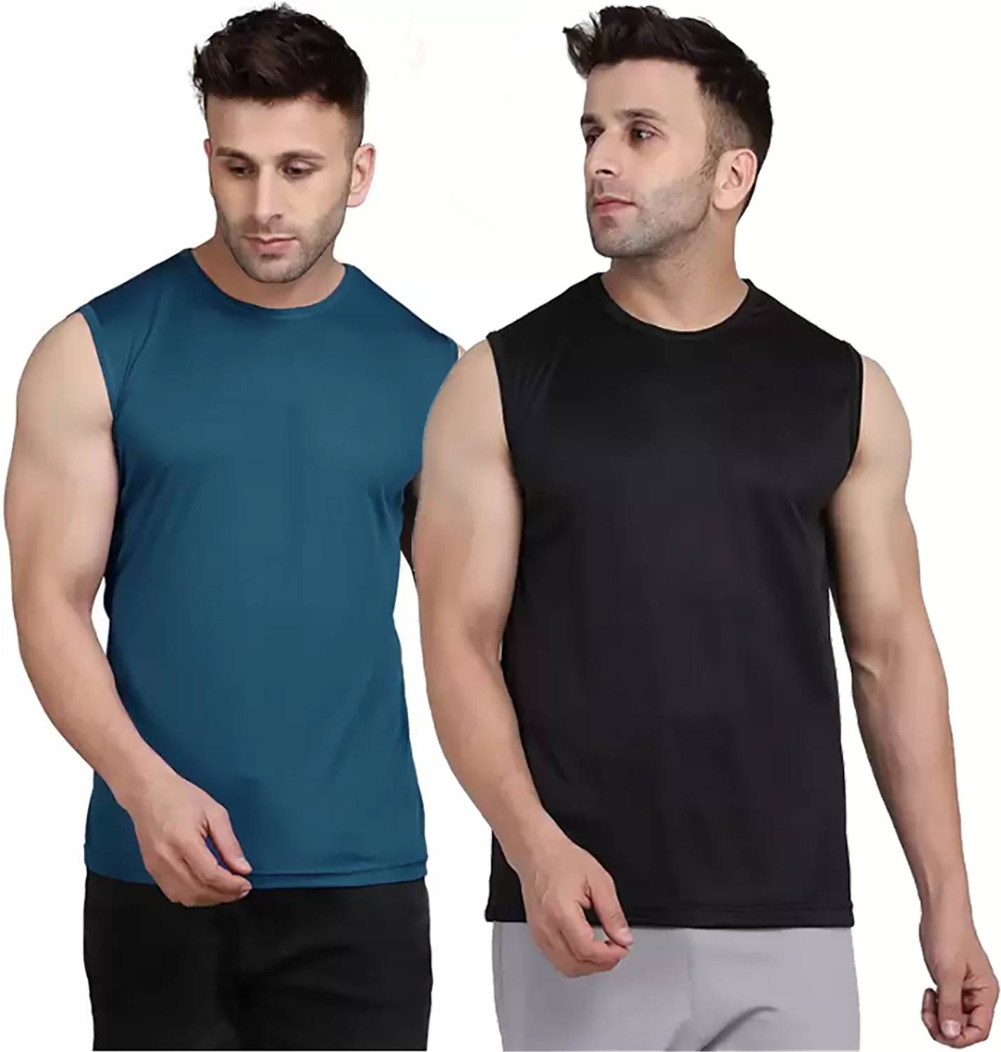 Renowned Pack of 2 Men Solid Round Neck Polyester Blue, Black T-S