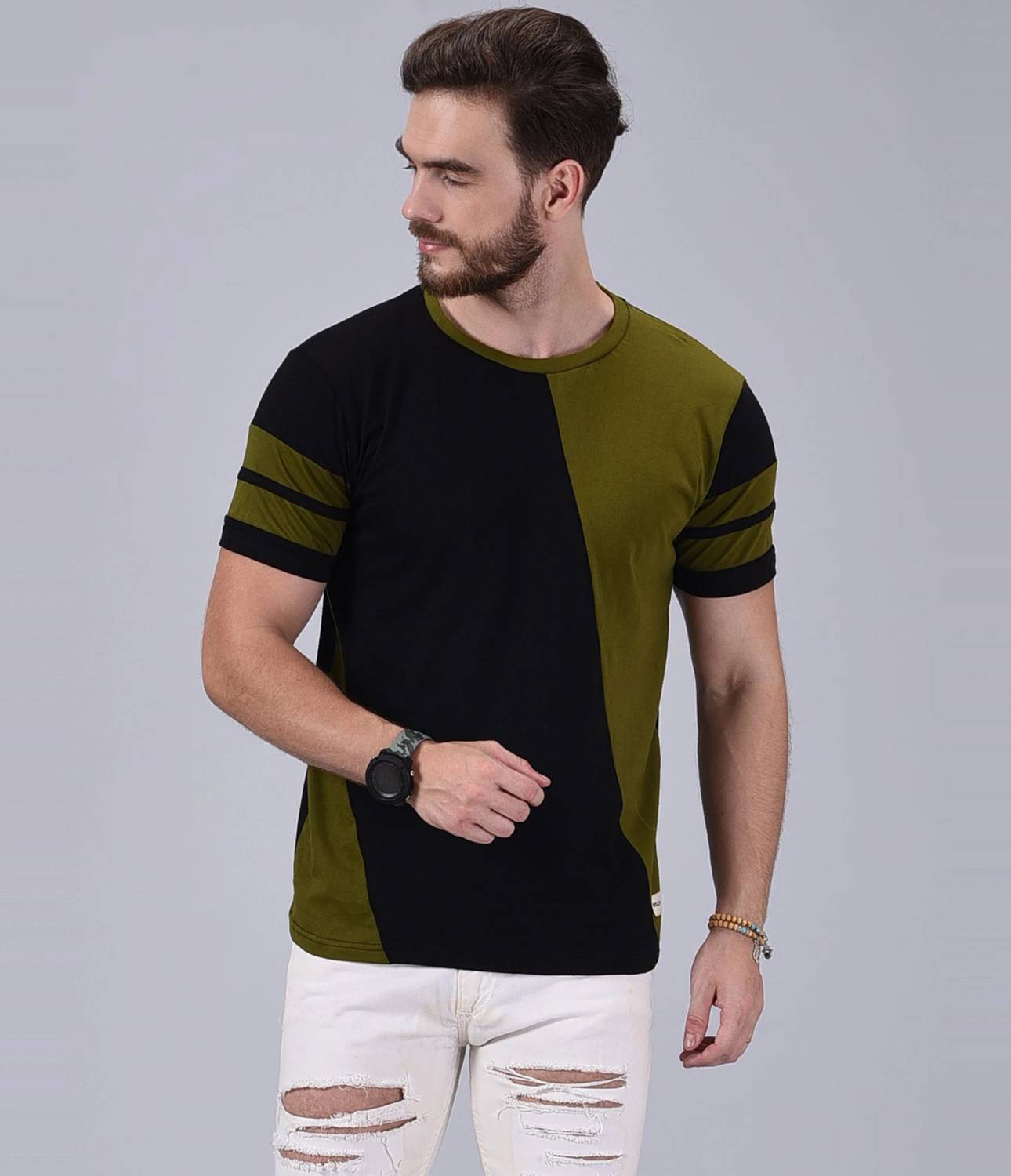 Wrath Men Colorblock Round Neck Pure Cotton Green, Black T-Shirt