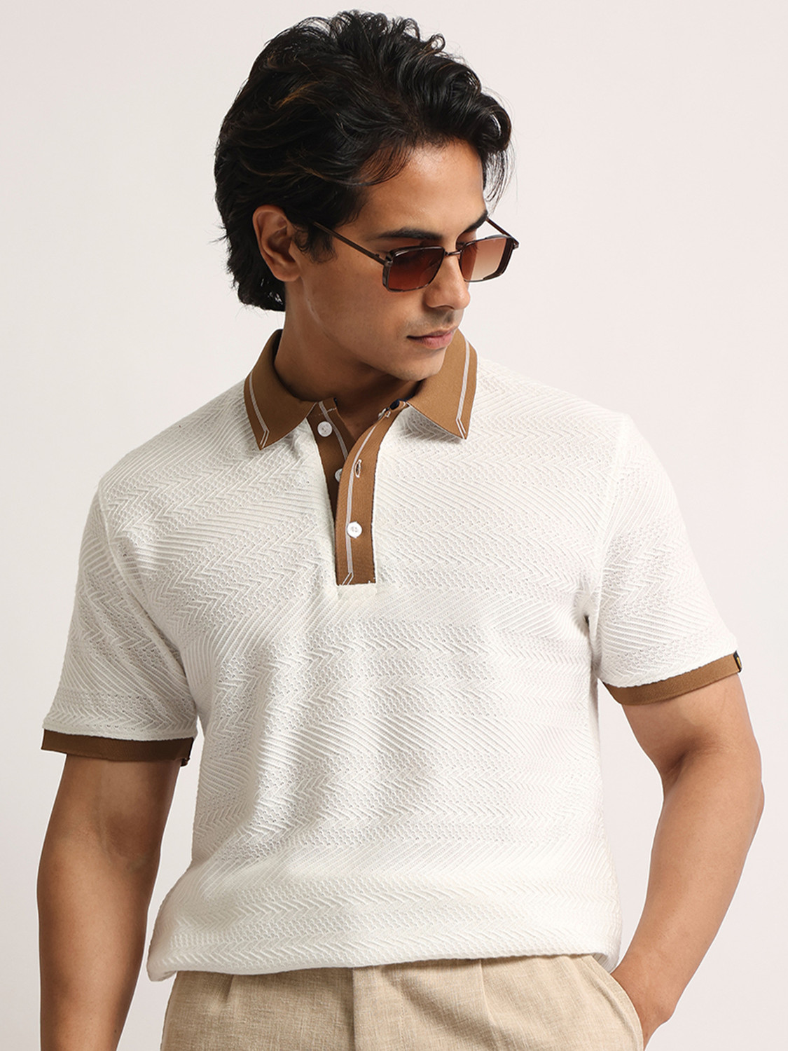 Image of MANIAC Self Design Men Polo Neck White, Brown T-Shirt