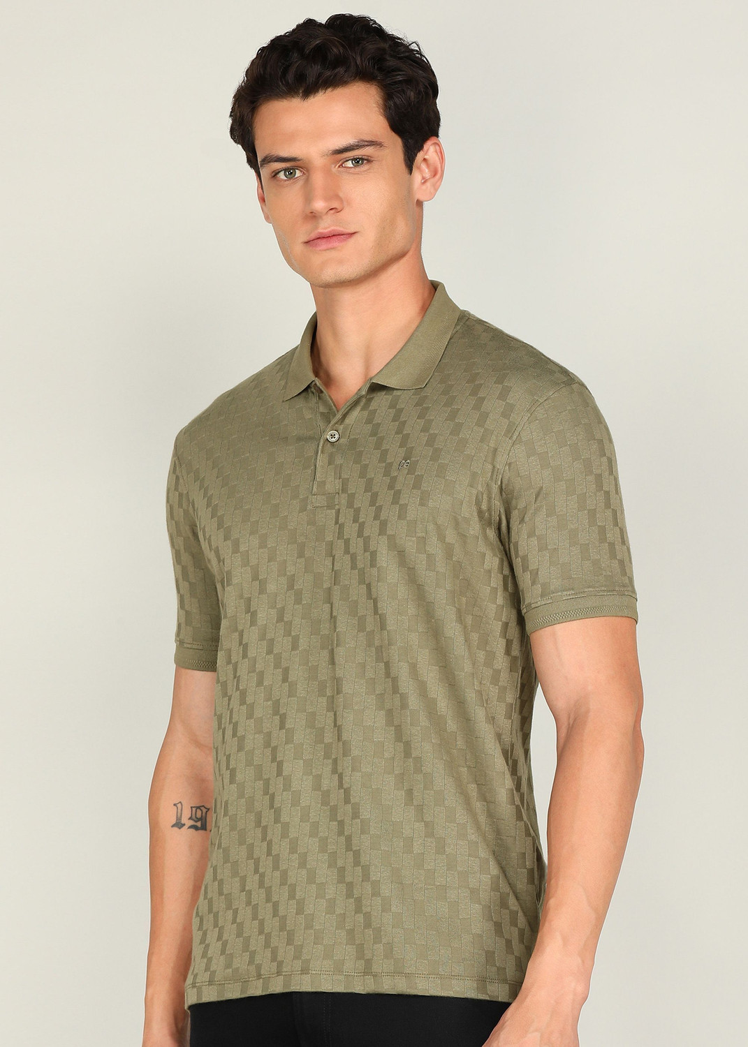 Image of PETER ENGLAND Checkered Men Polo Neck Light Green T-Shirt