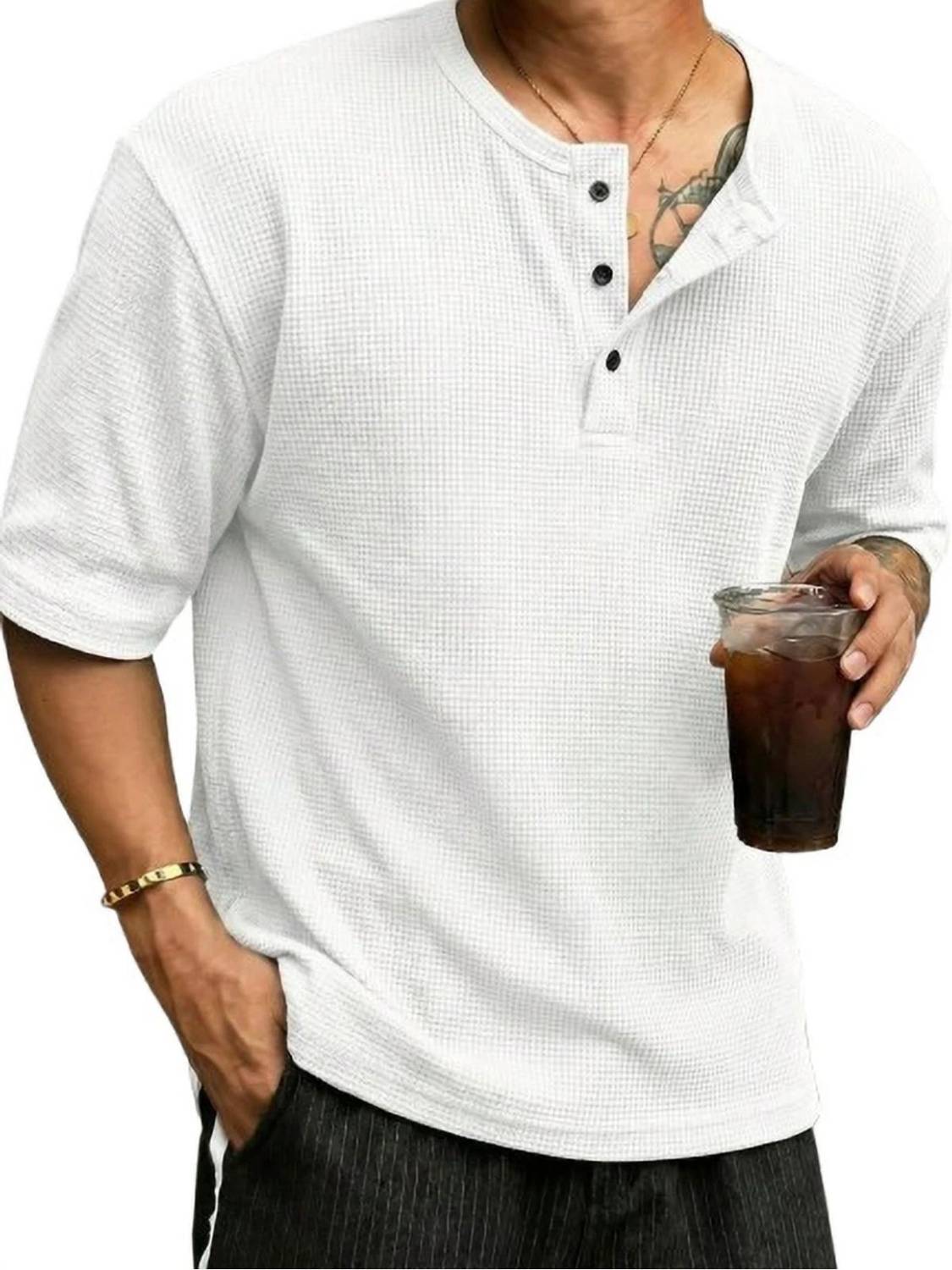 HOODLER Men White Henley Neck T-Shirt