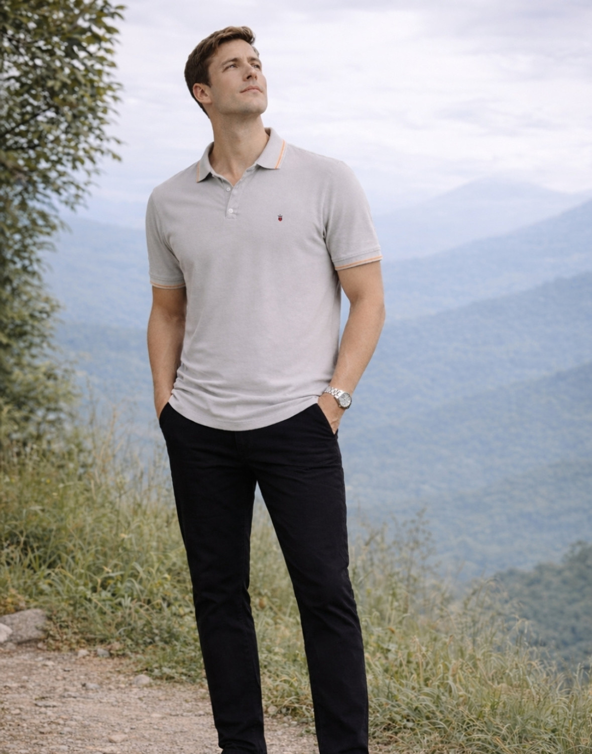 Image of LOUIS PHILIPPE Solid Men Polo Neck Grey T-Shirt