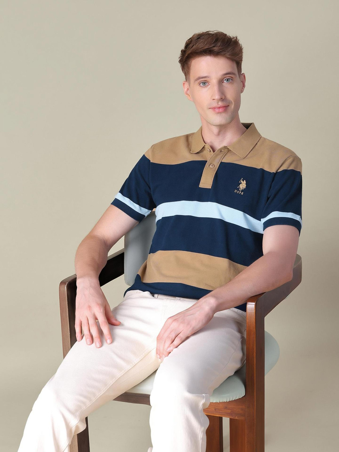 Image of U.S. POLO ASSN. Self Design Men Polo Neck Beige T-Shirt