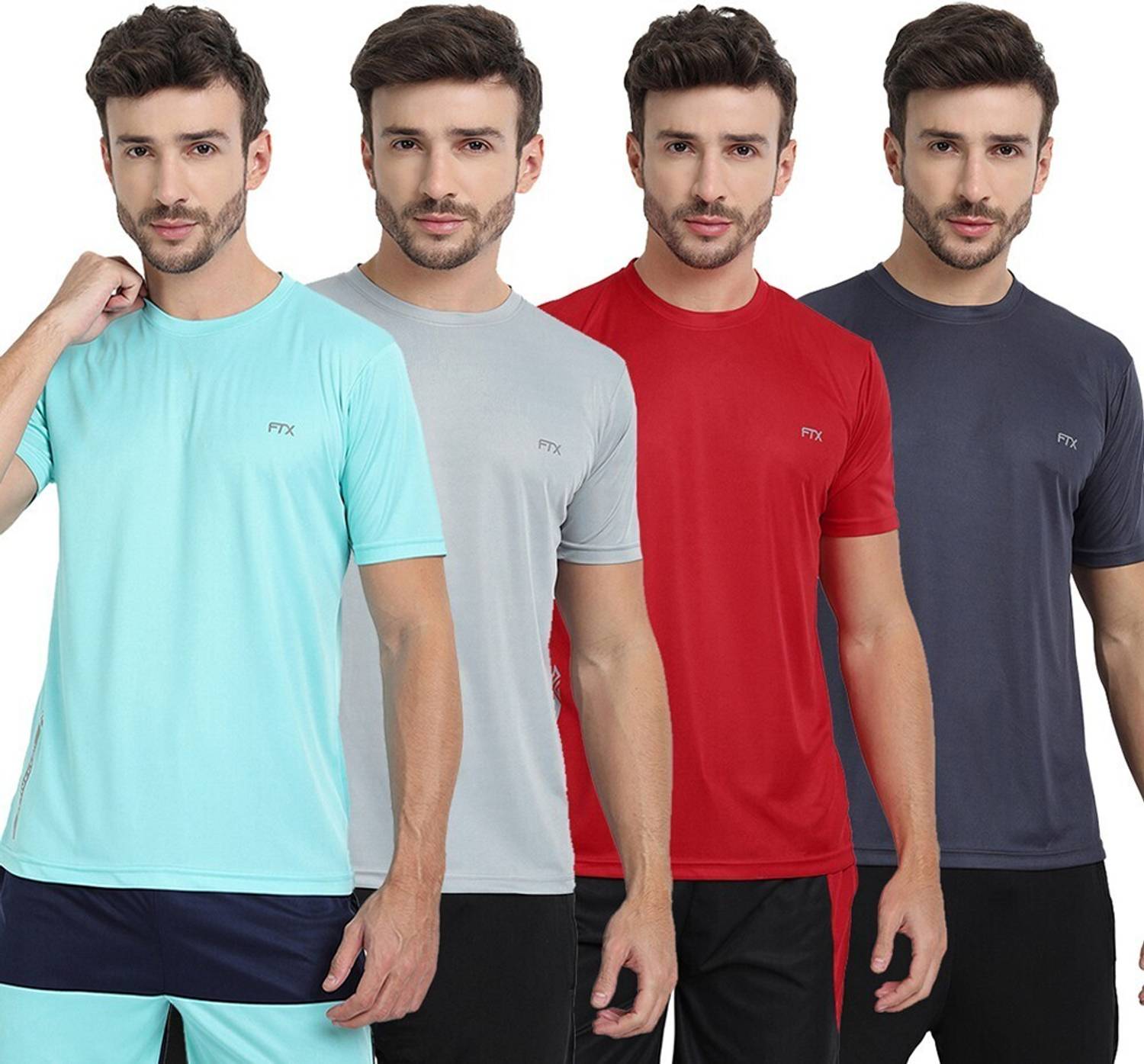 FTX Pack of 4 Men Solid Round Neck Polyester Multicolor T-Shirt