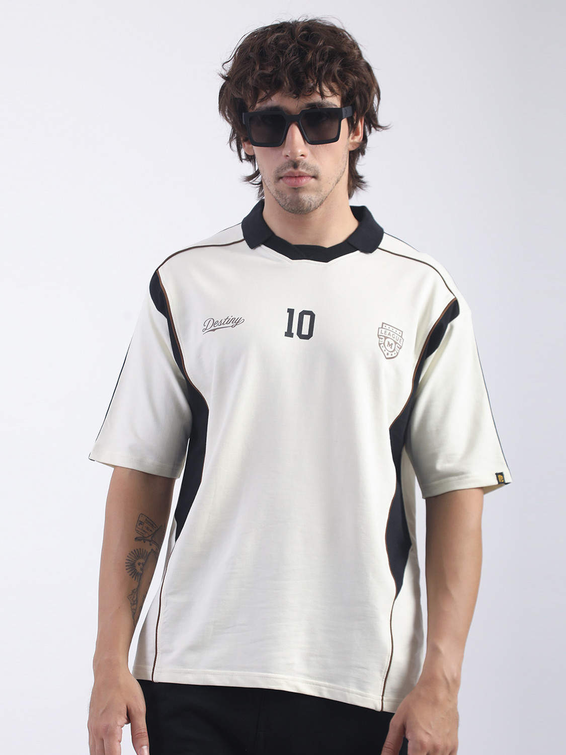 Image of MANIAC Printed Men Polo Neck White T-Shirt
