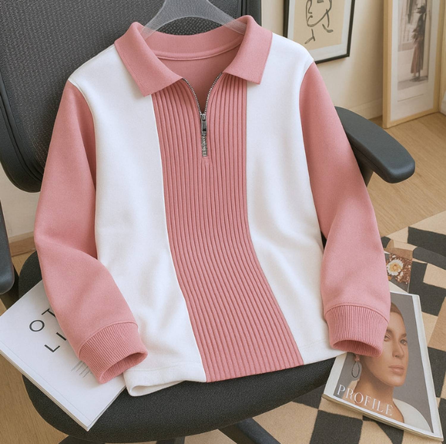 Try This Men Striped, Self Design Zip Neck Cotton Blend Pink T-Sh