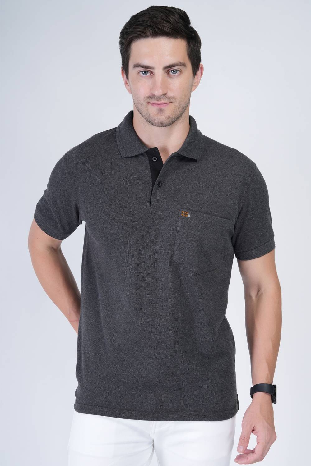 Polo Plus Men Solid Polo Neck Pure Cotton Grey T-Shirt