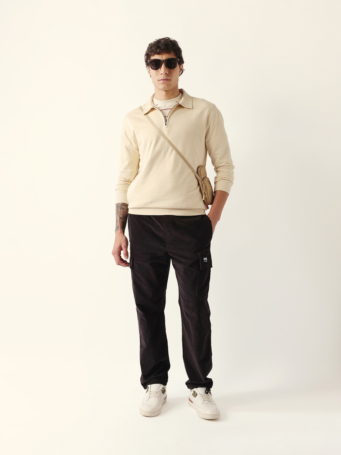 Image of THE BEAR HOUSE Solid Men Polo Neck Beige T-Shirt