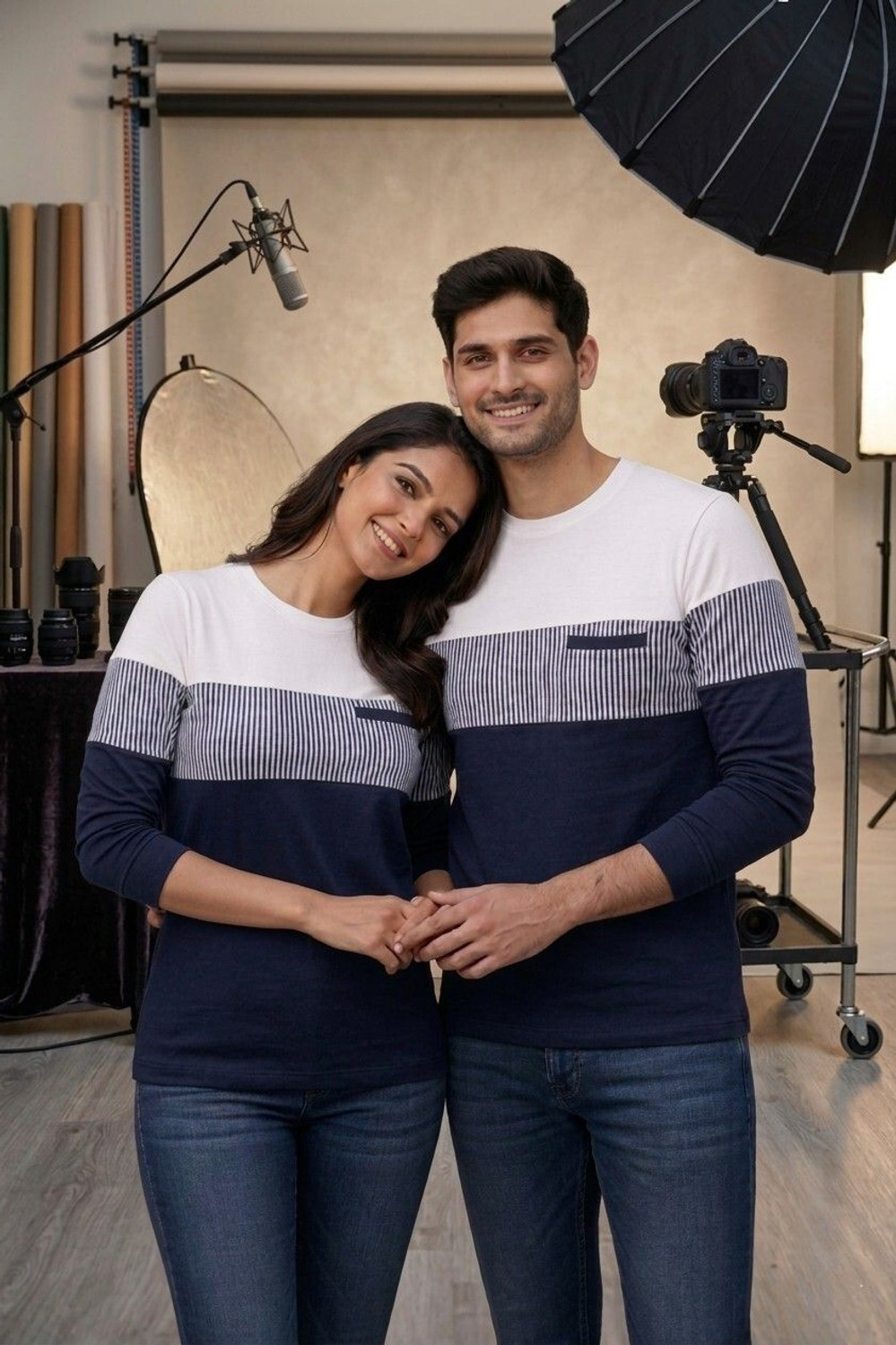 Image of seventimes Striped Couple Round Neck Multicolor T-Shirt
