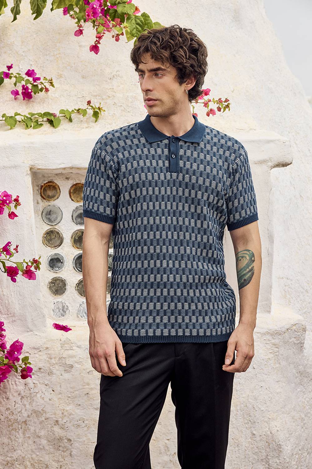 Snitch Geometric Print Men Navy Blue Polo Neck T-Shirt - Image 4