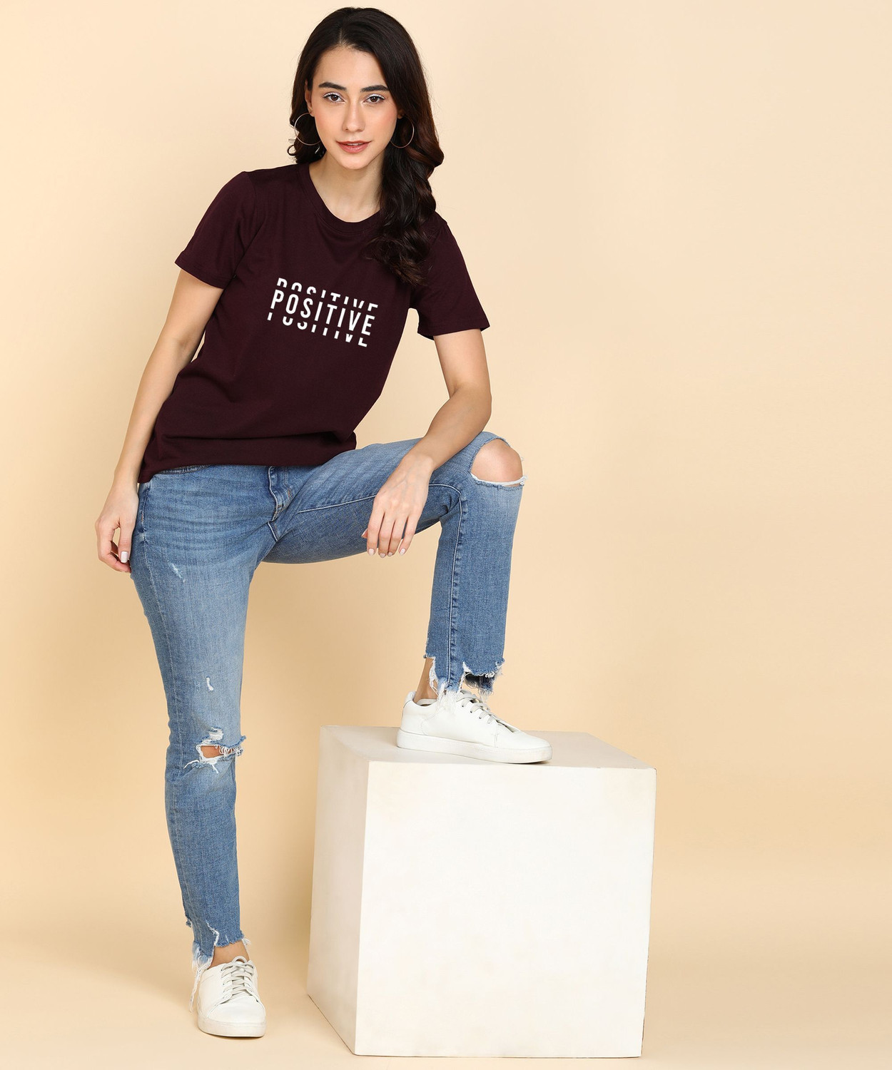 Image of Adyavastram Typography Women Round Neck Maroon T-Shirt
