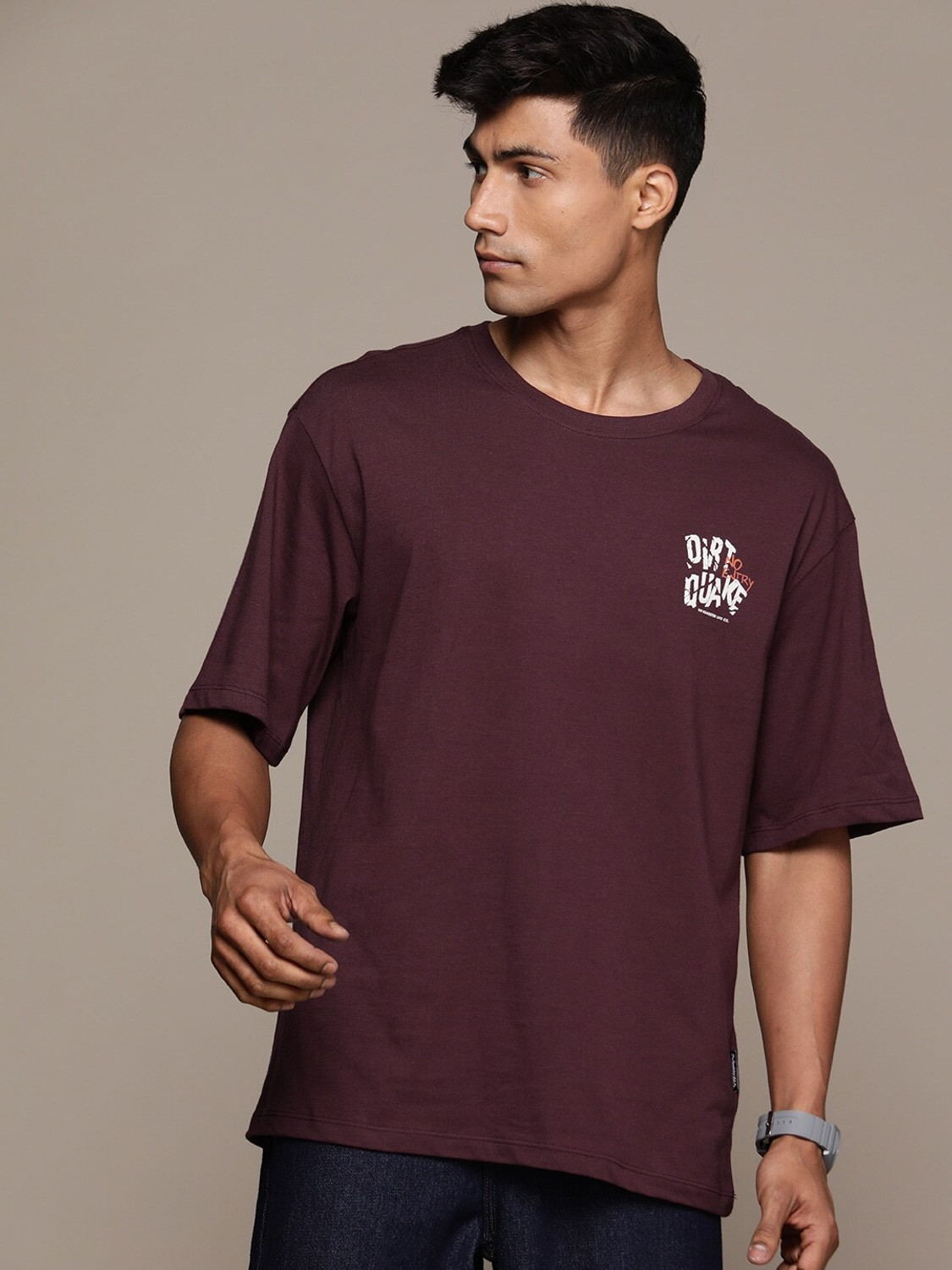 Image of Roadster Printed, Typography Men Round Neck Maroon T-Shirt