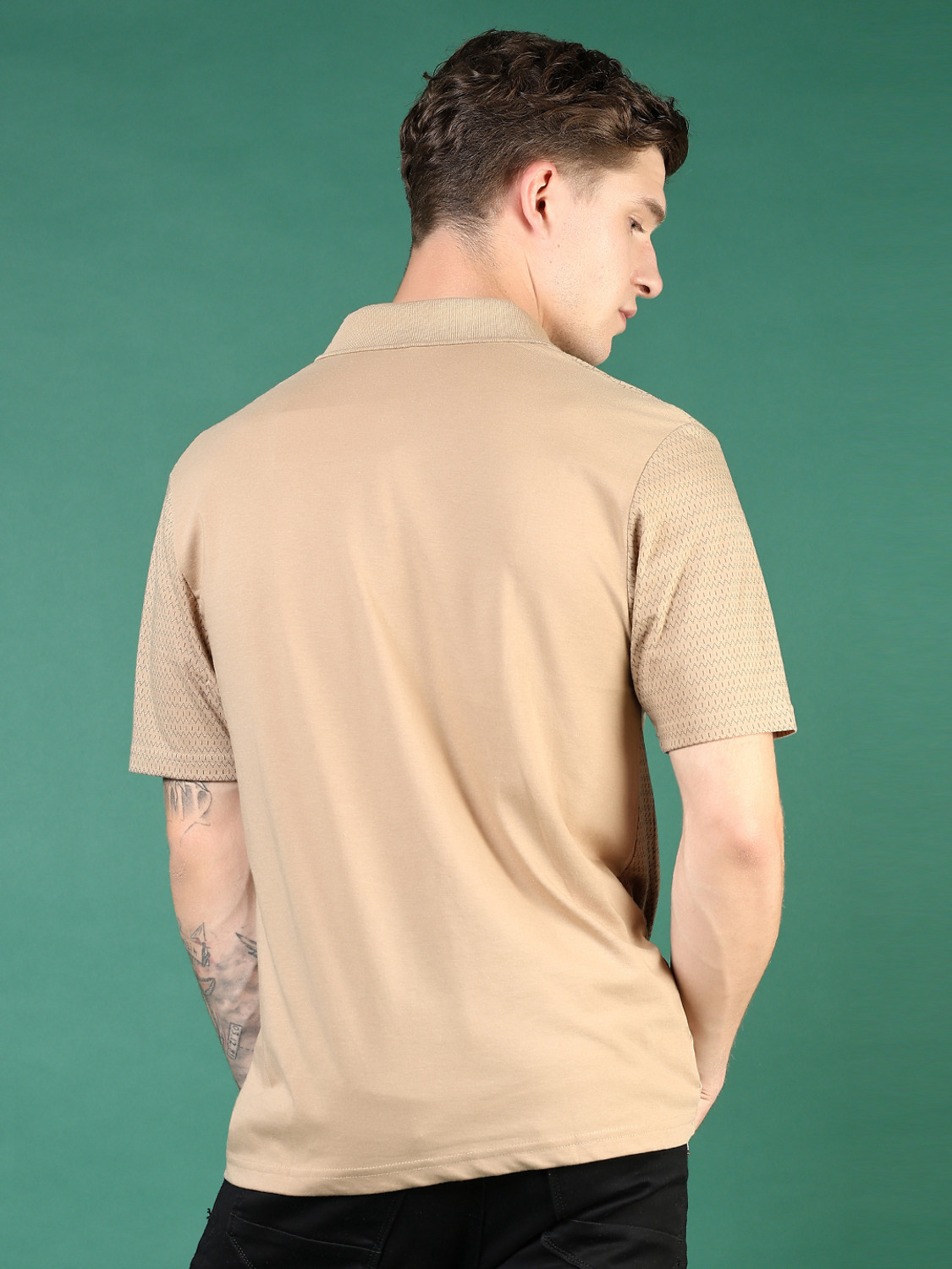 Image of V-MART Self Design Men Polo Neck Beige T-Shirt