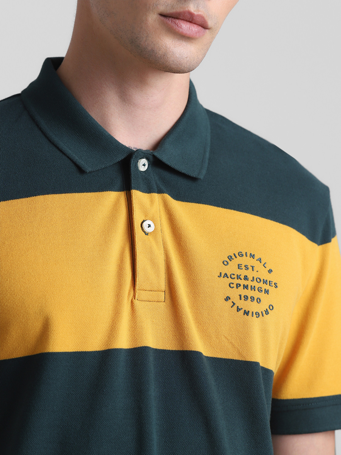 Image of JACK & JONES Striped Men Polo Neck Yellow T-Shirt