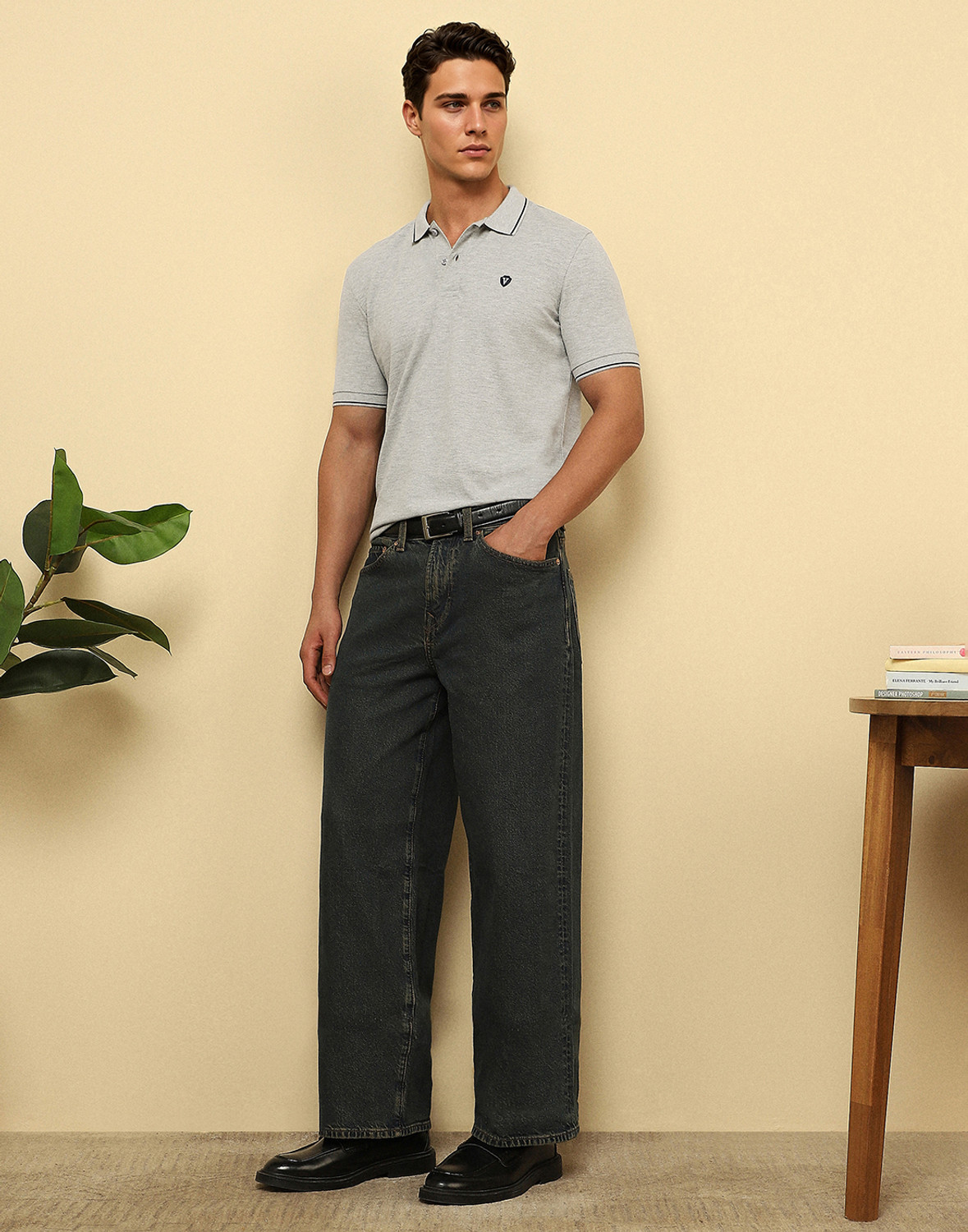 Image of VAN HEUSEN Solid Men Polo Neck Grey T-Shirt