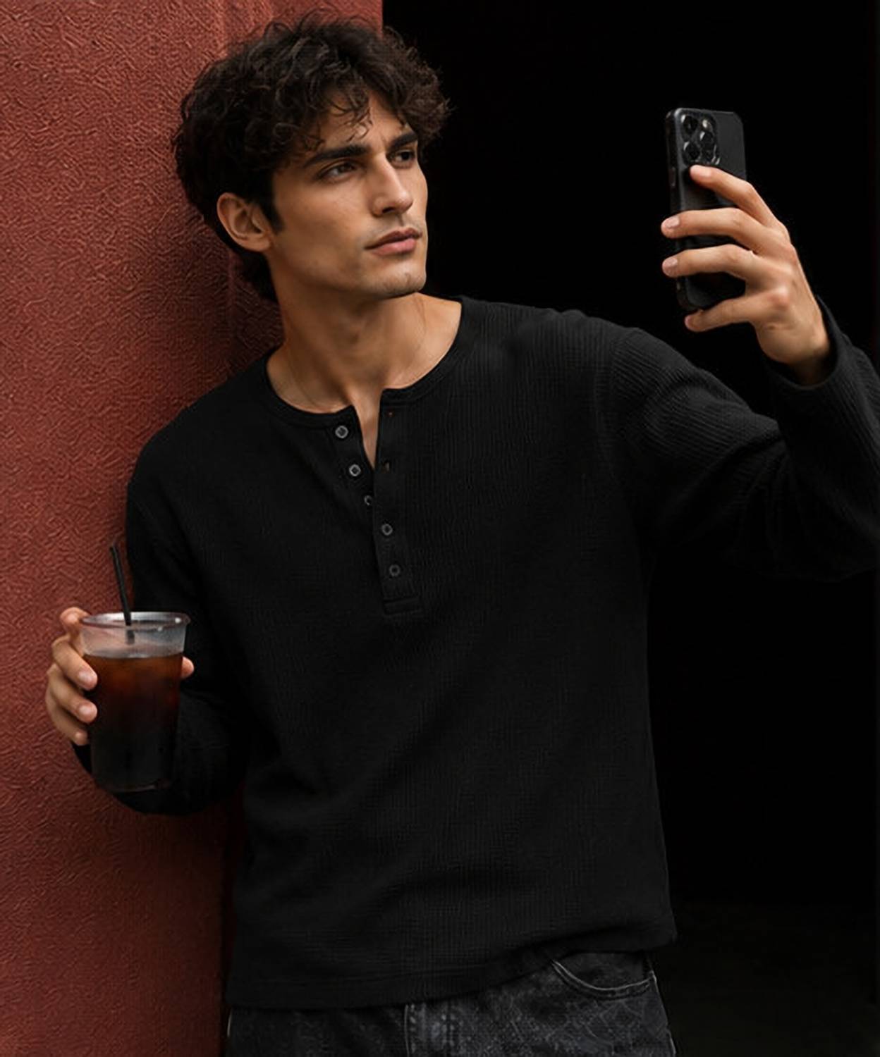 NOOK Men Black Henley Neck T-Shirt - Image 2